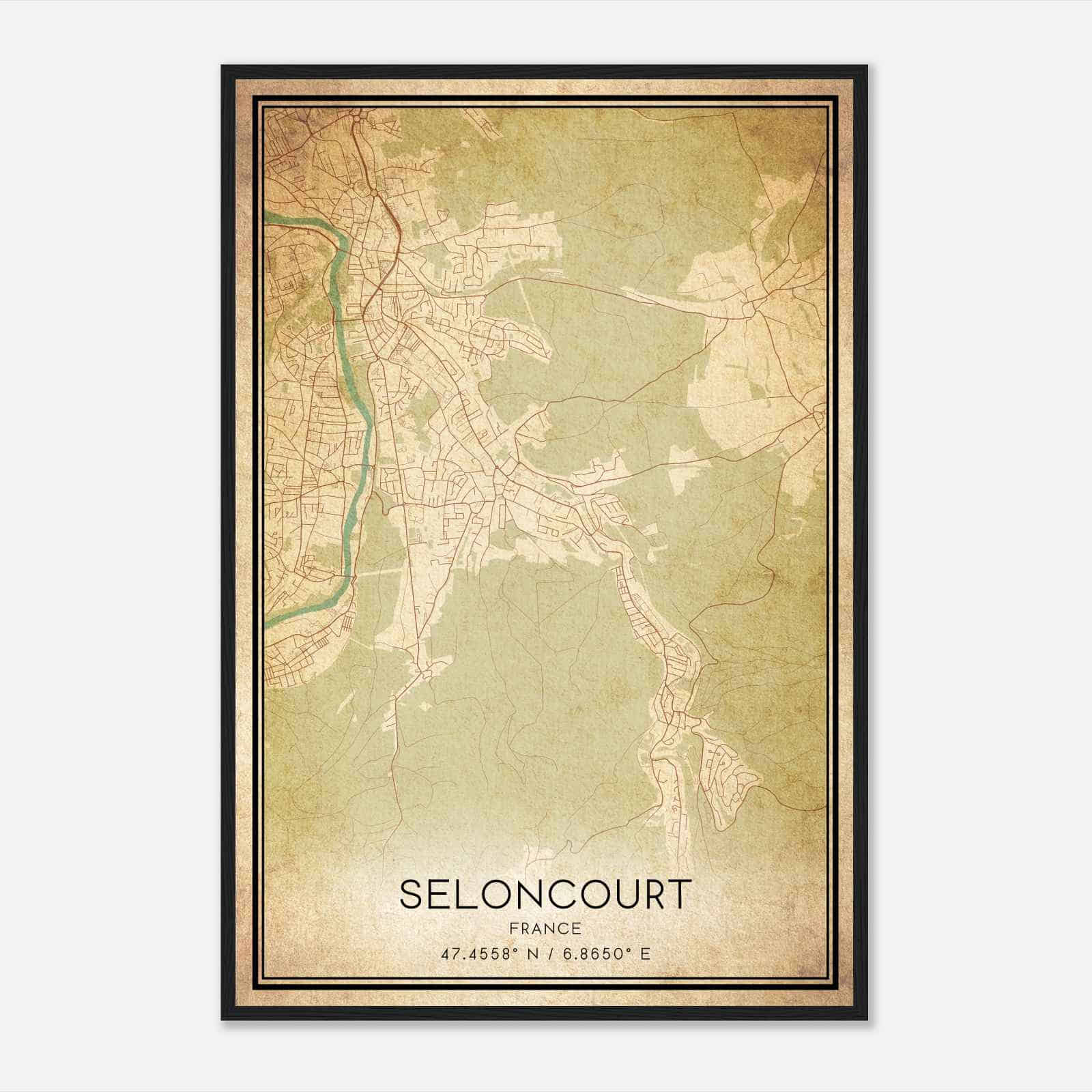Vintage Seloncourt France Map Poster, Seloncourt City Road Wall Art Print