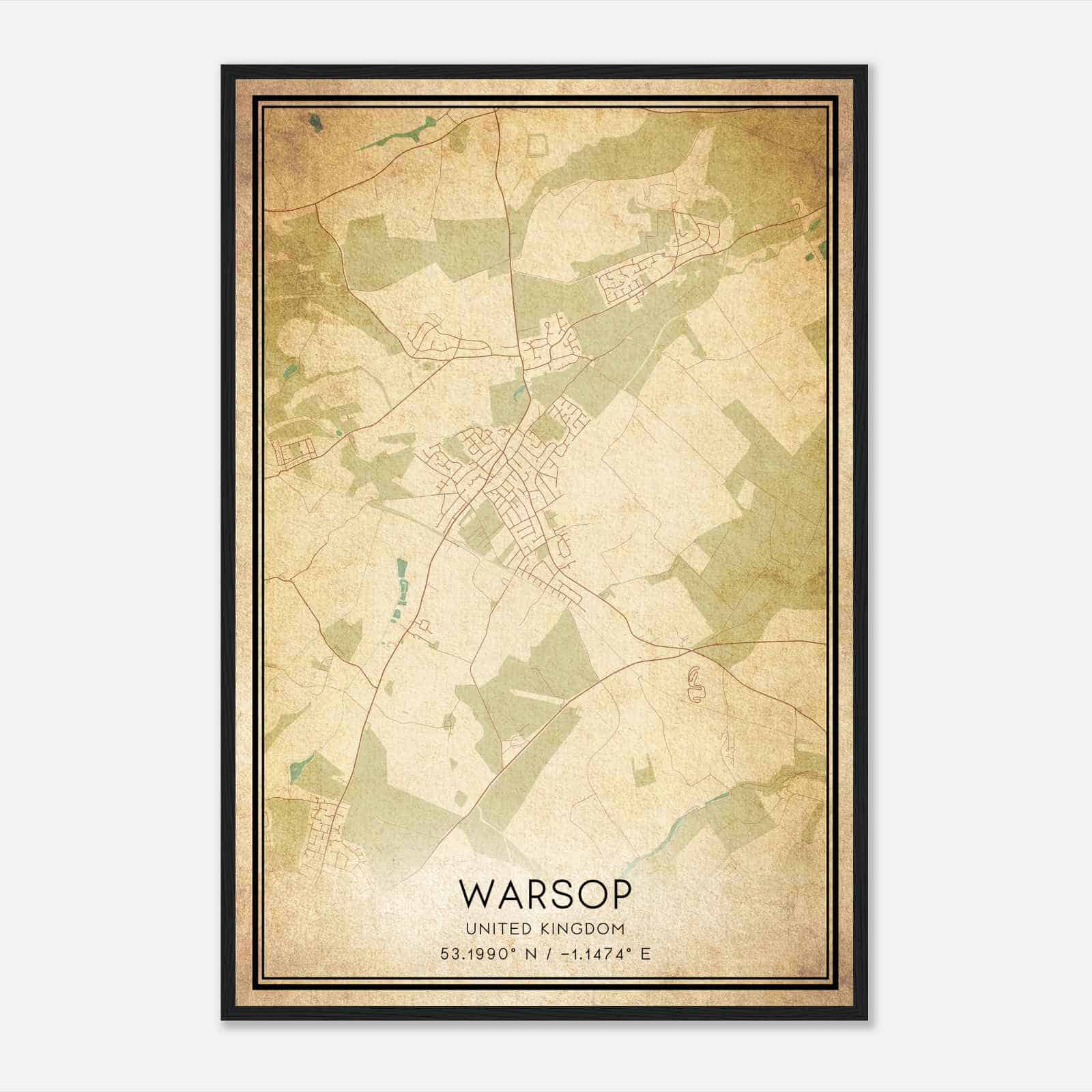 Vintage Warsop United Kingdom Map Poster, Warsop City Road Wall Art Print