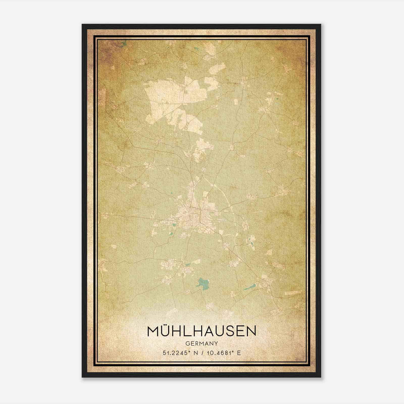 Vintage Muhlhausen Germany Map Poster, Muhlhausen City Road Wall Art Print