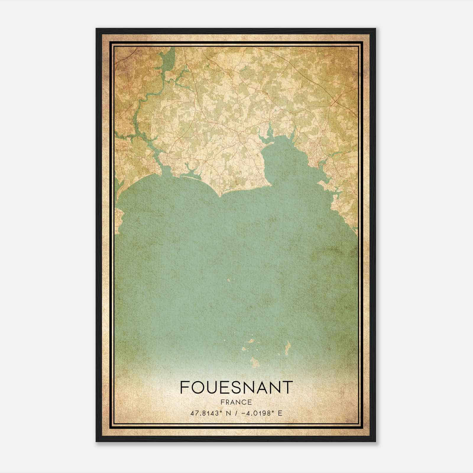 Vintage Fouesnant France Map Poster, Fouesnant City Road Wall Art Print