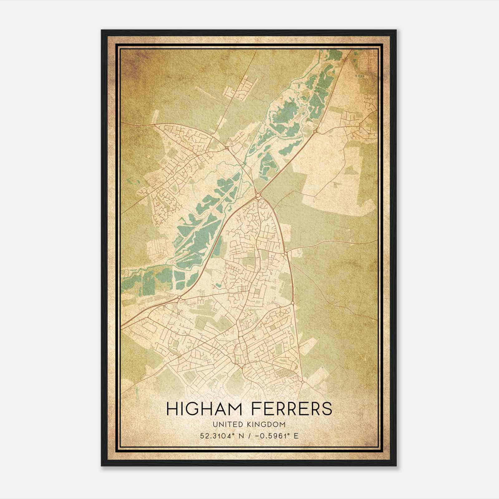 Vintage Higham Ferrers United Kingdom Map Poster, Higham Ferrers City Road Wall Art Print