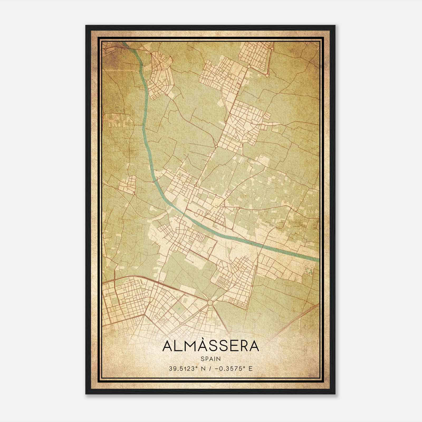 Vintage Almacera Spain Map Poster, Almacera City Road Wall Art Print