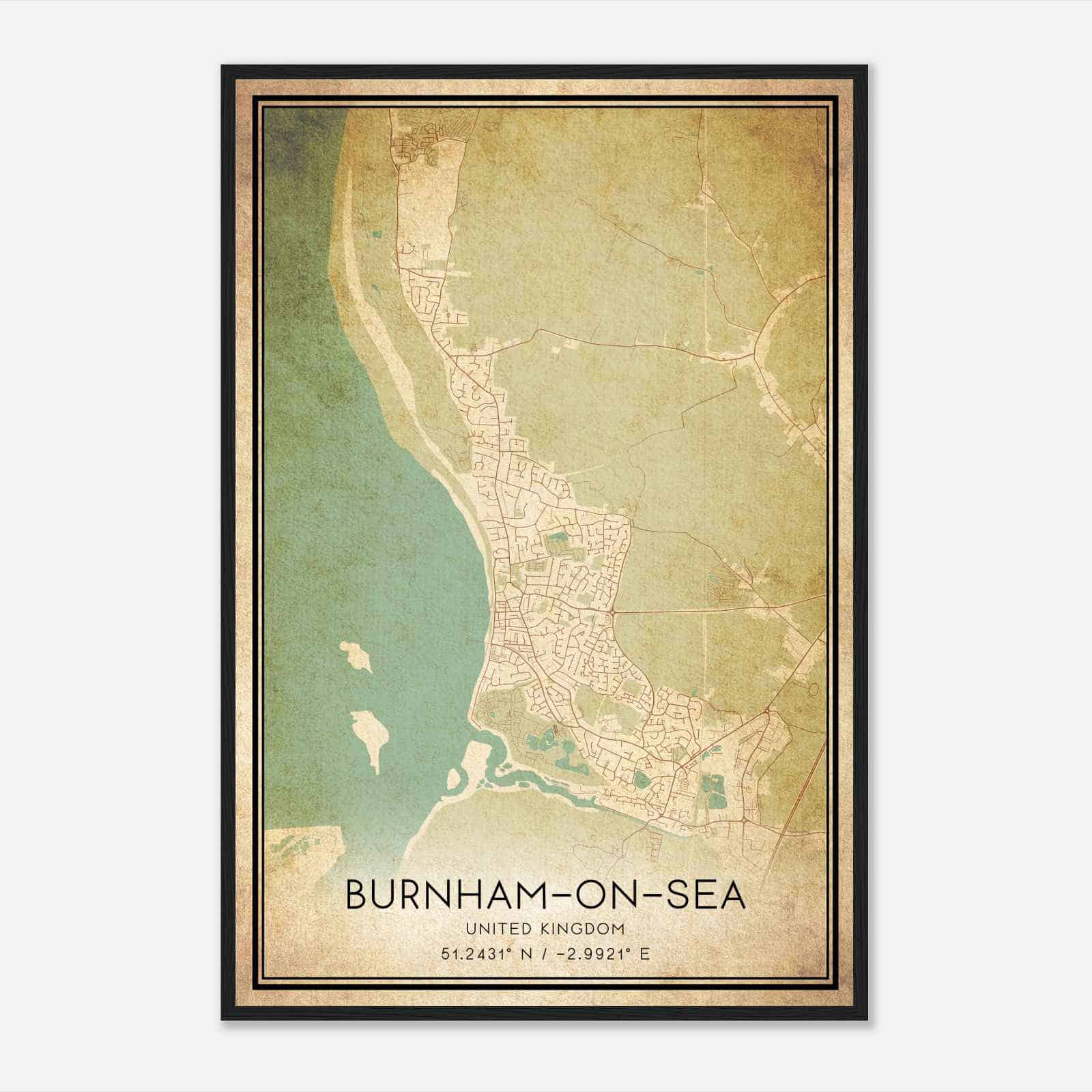 Vintage Burnham-on-Sea United Kingdom Map Poster, Burnham-on-Sea City Road Wall Art Print