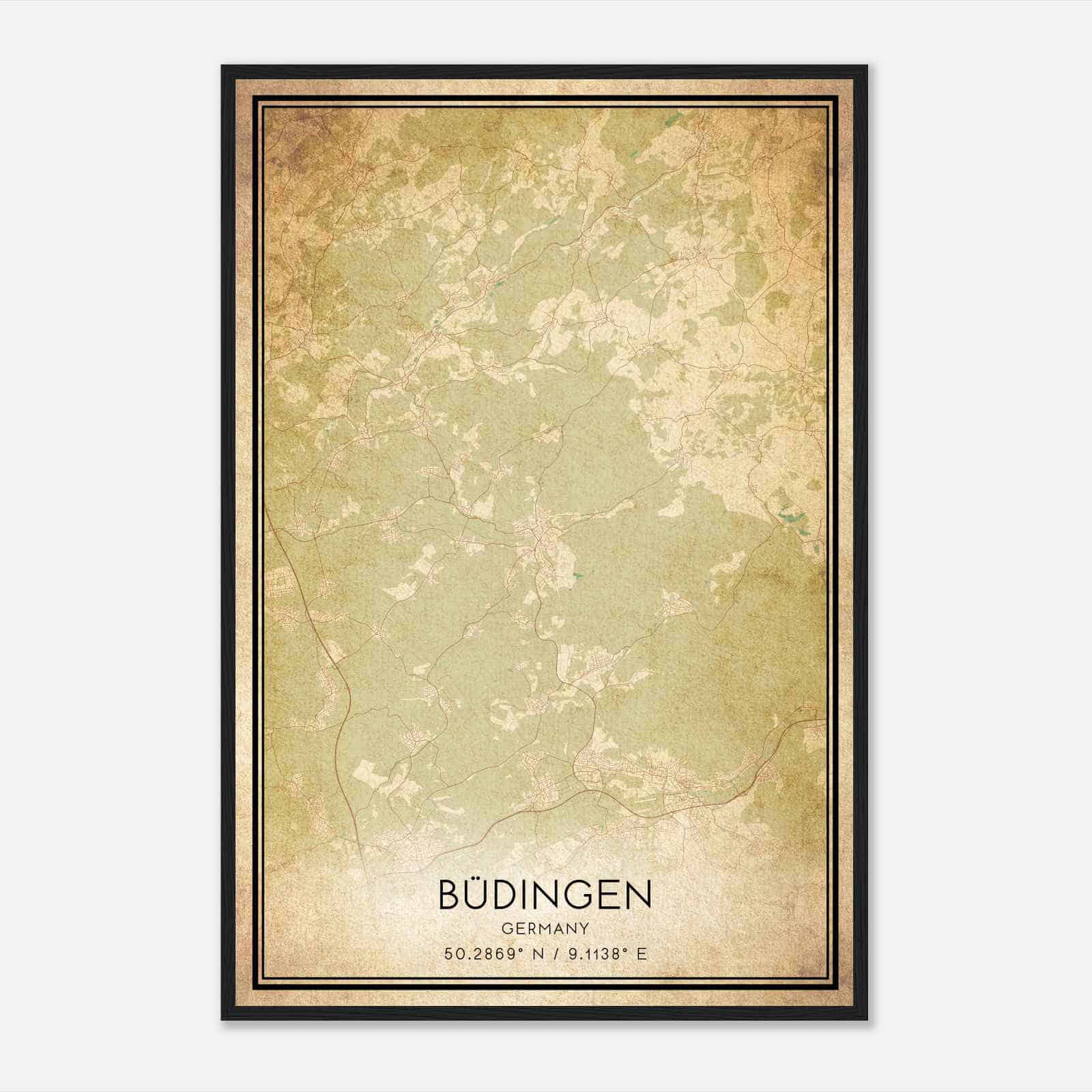 Vintage Budingen Germany Map Poster, Budingen City Road Wall Art Print