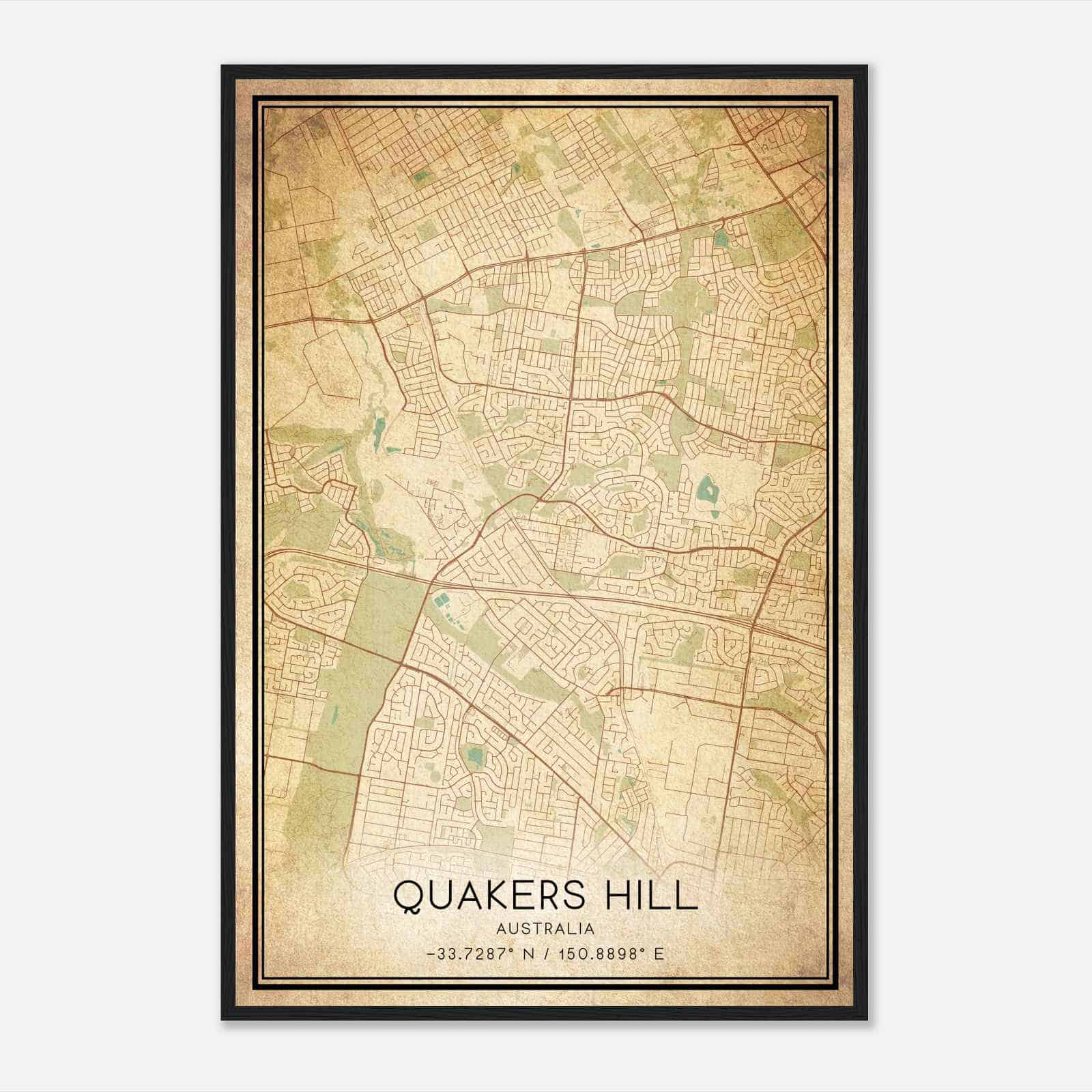 Vintage Quakers Hill Australia Map Poster, Quakers Hill City Road Wall Art Print