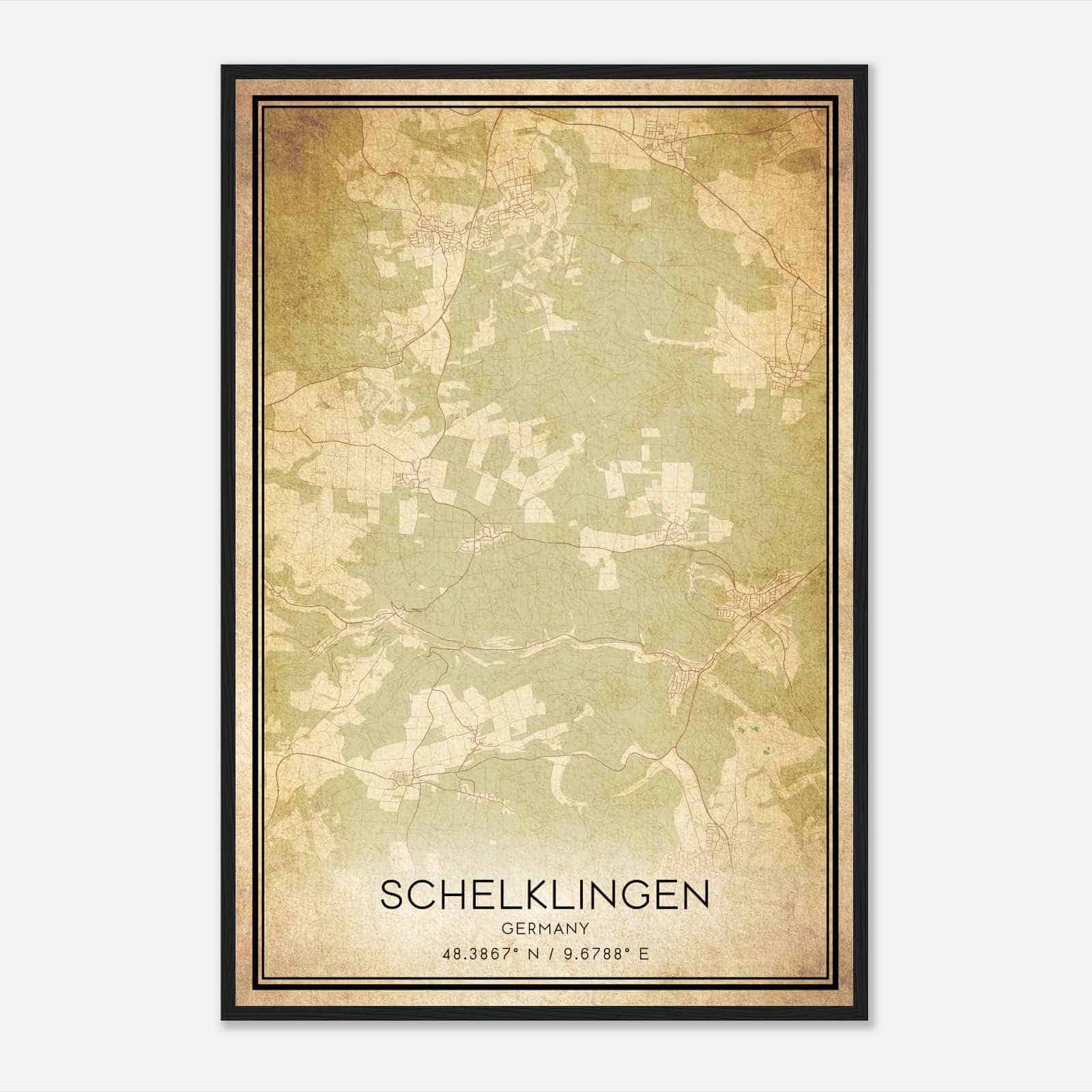 Vintage Schelklingen Germany Map Poster, Schelklingen City Road Wall Art Print