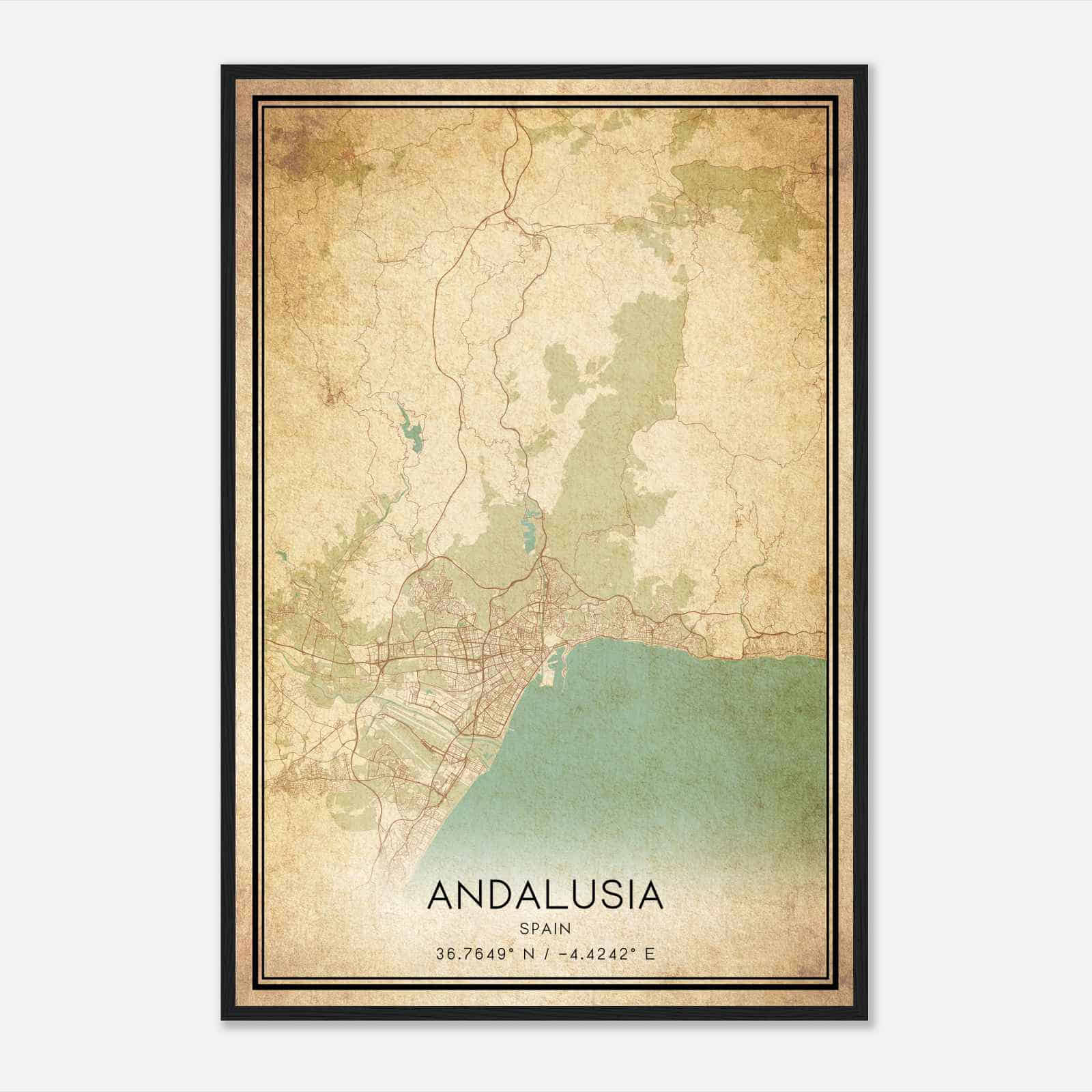 Vintage Malaga Spain Map Poster, Malaga City Road Wall Art Print