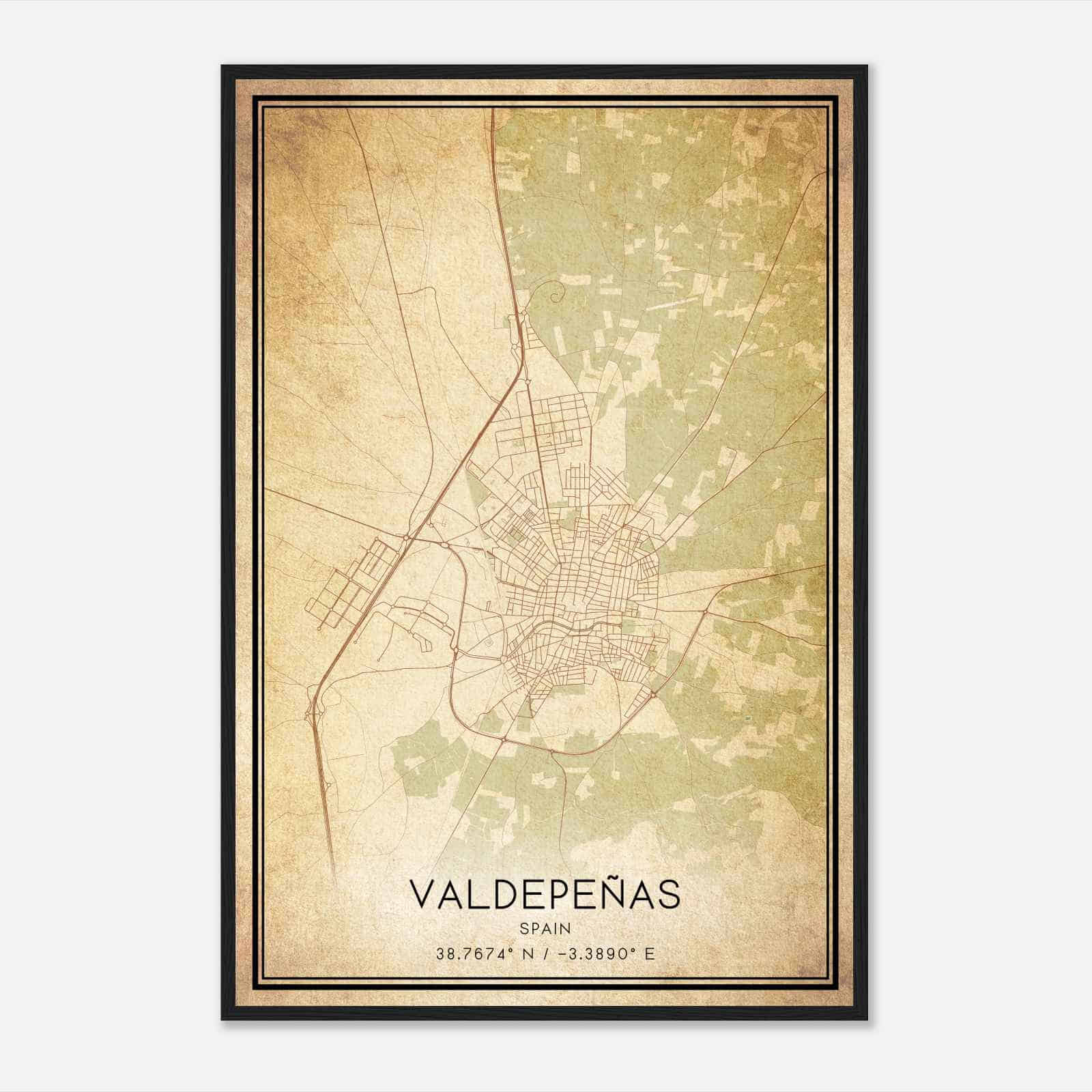Vintage Valdepenas Spain Map Poster, Valdepenas City Road Wall Art Print