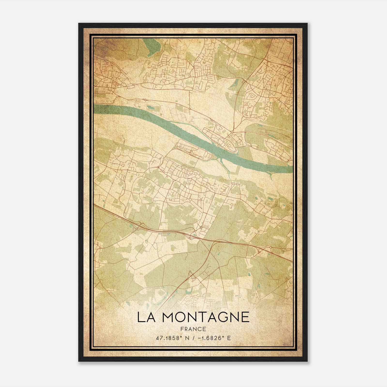 Vintage La Montagne France Map Poster, La Montagne City Road Wall Art Print