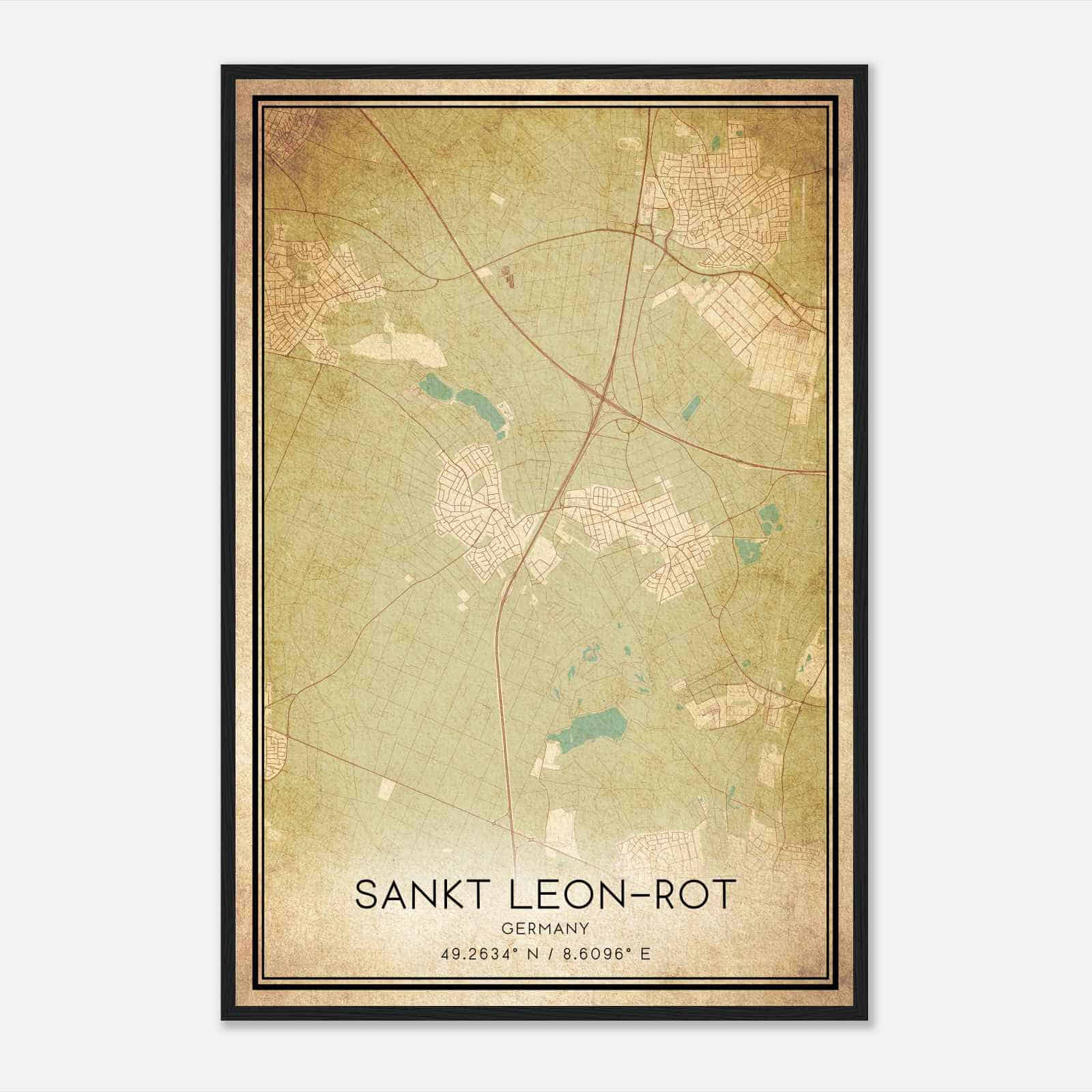 Vintage Sankt Leon-Rot Germany Map Poster, Sankt Leon-Rot City Road Wall Art Print