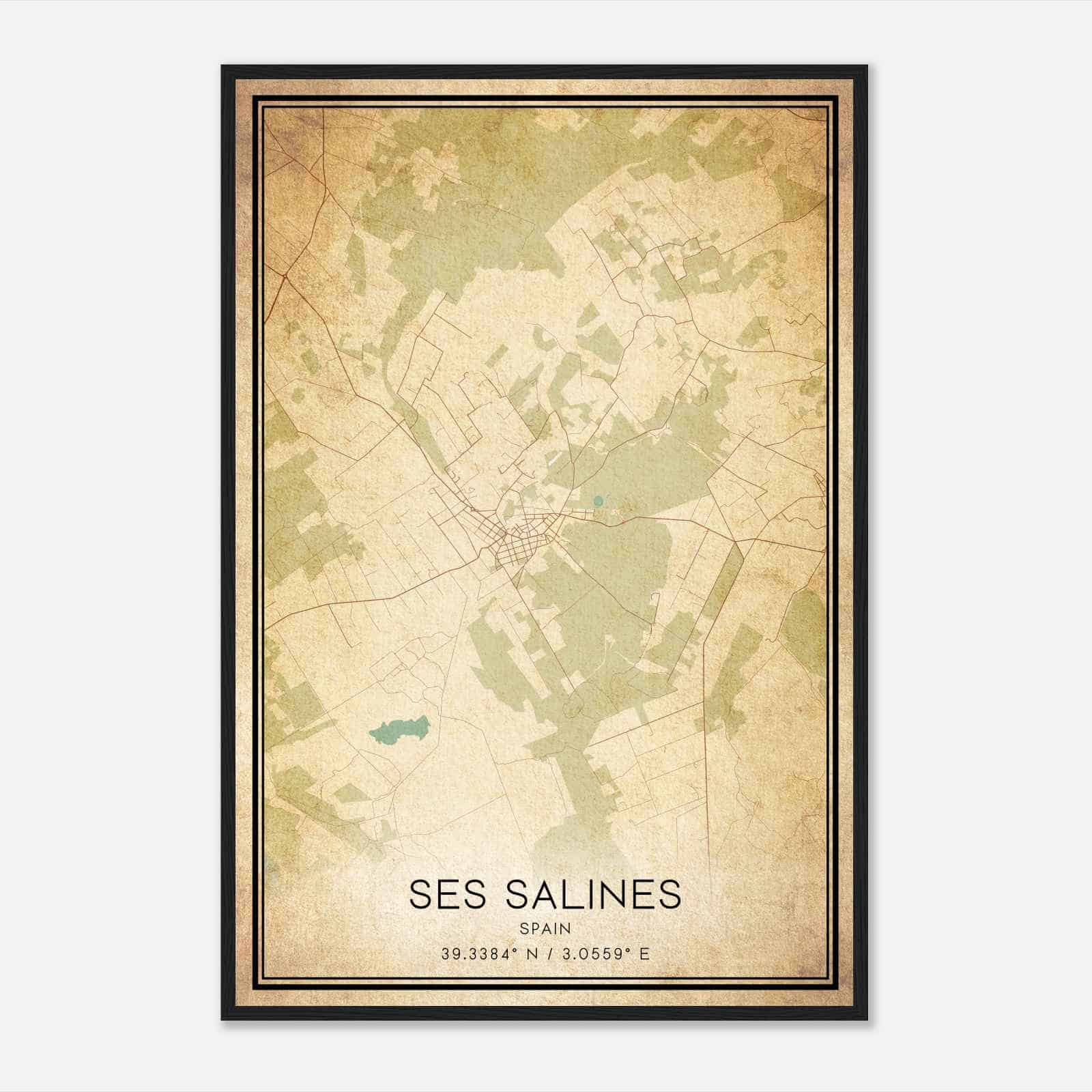 Vintage Ses Salines Spain Map Poster, Ses Salines City Road Wall Art Print