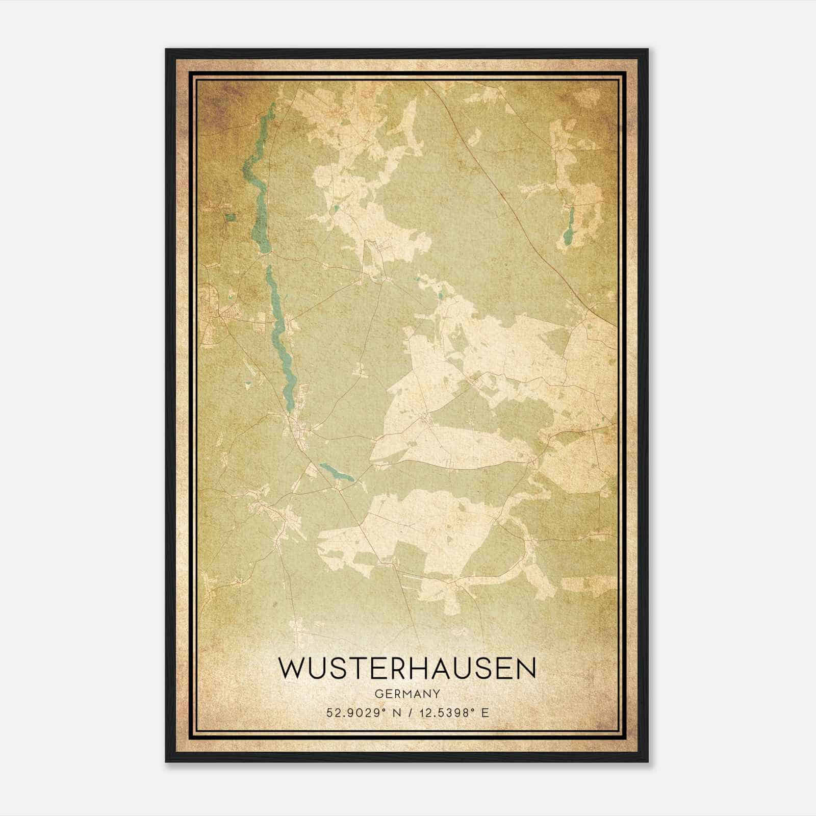 Vintage Wusterhausen Germany Map Poster, Wusterhausen City Road Wall Art Print