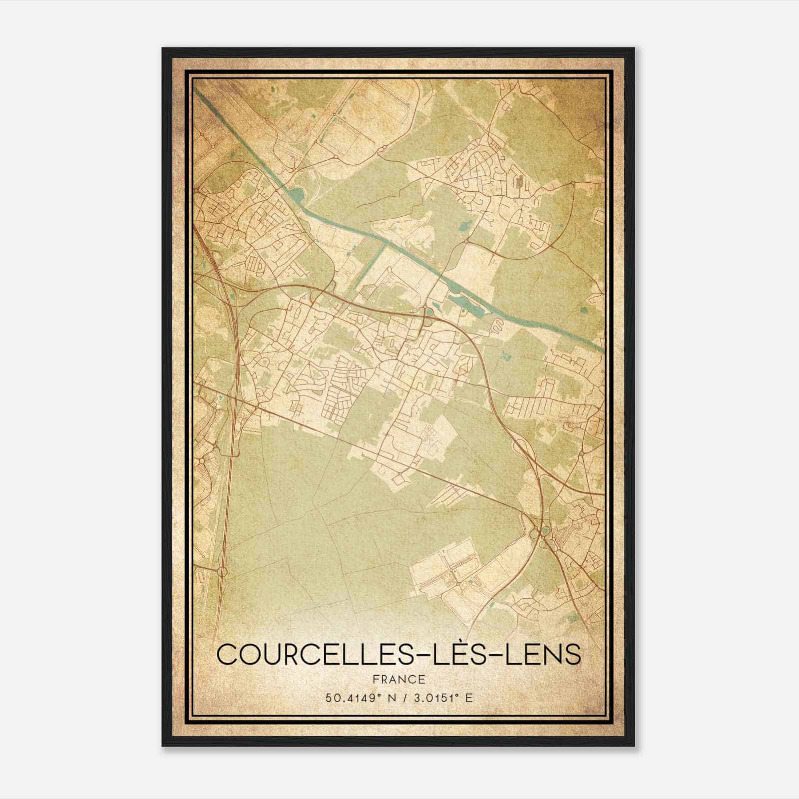 Vintage Courcelles-les-Lens France Map Poster, Courcelles-les-Lens City Road Wall Art Print