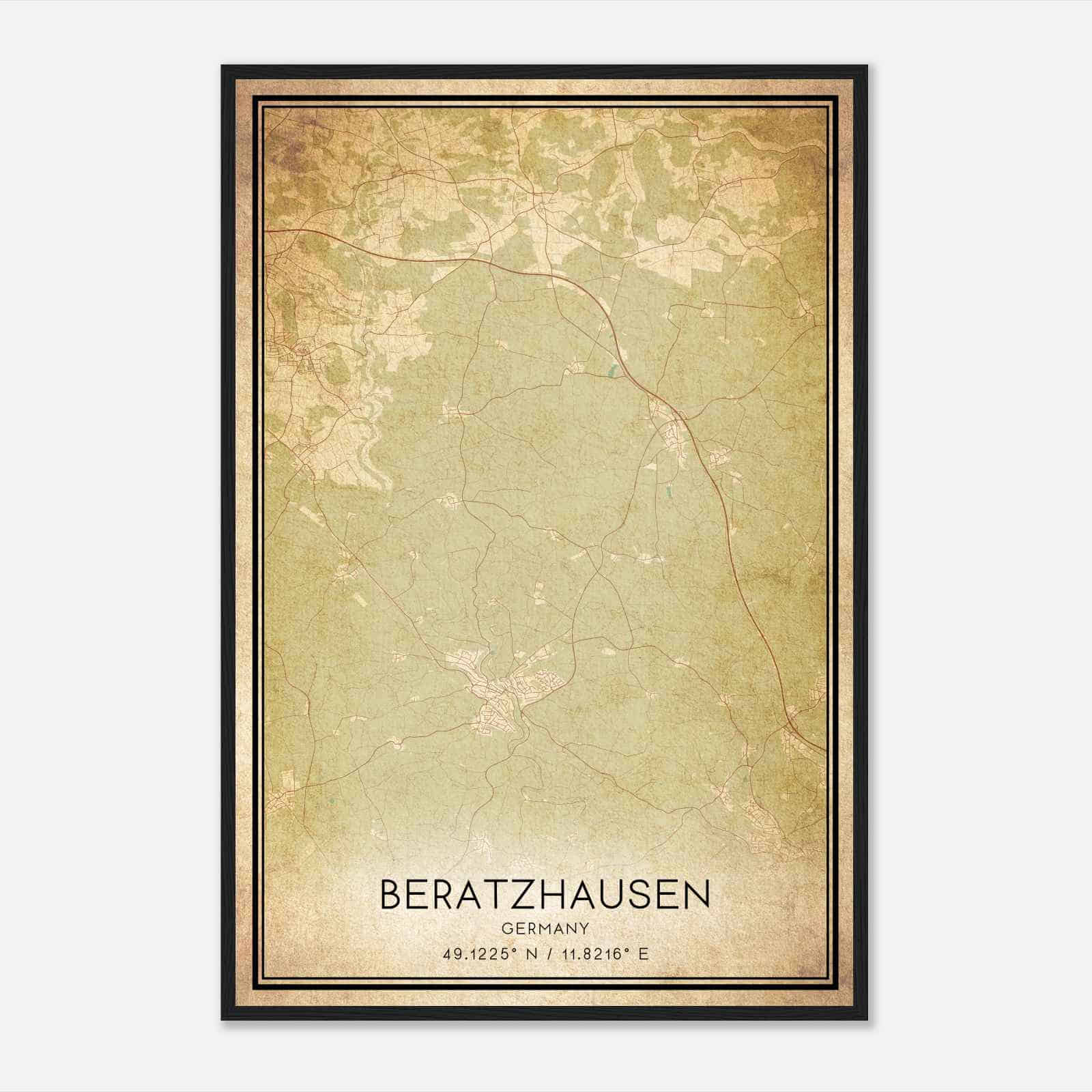 Vintage Beratzhausen Germany Map Poster, Beratzhausen City Road Wall Art Print