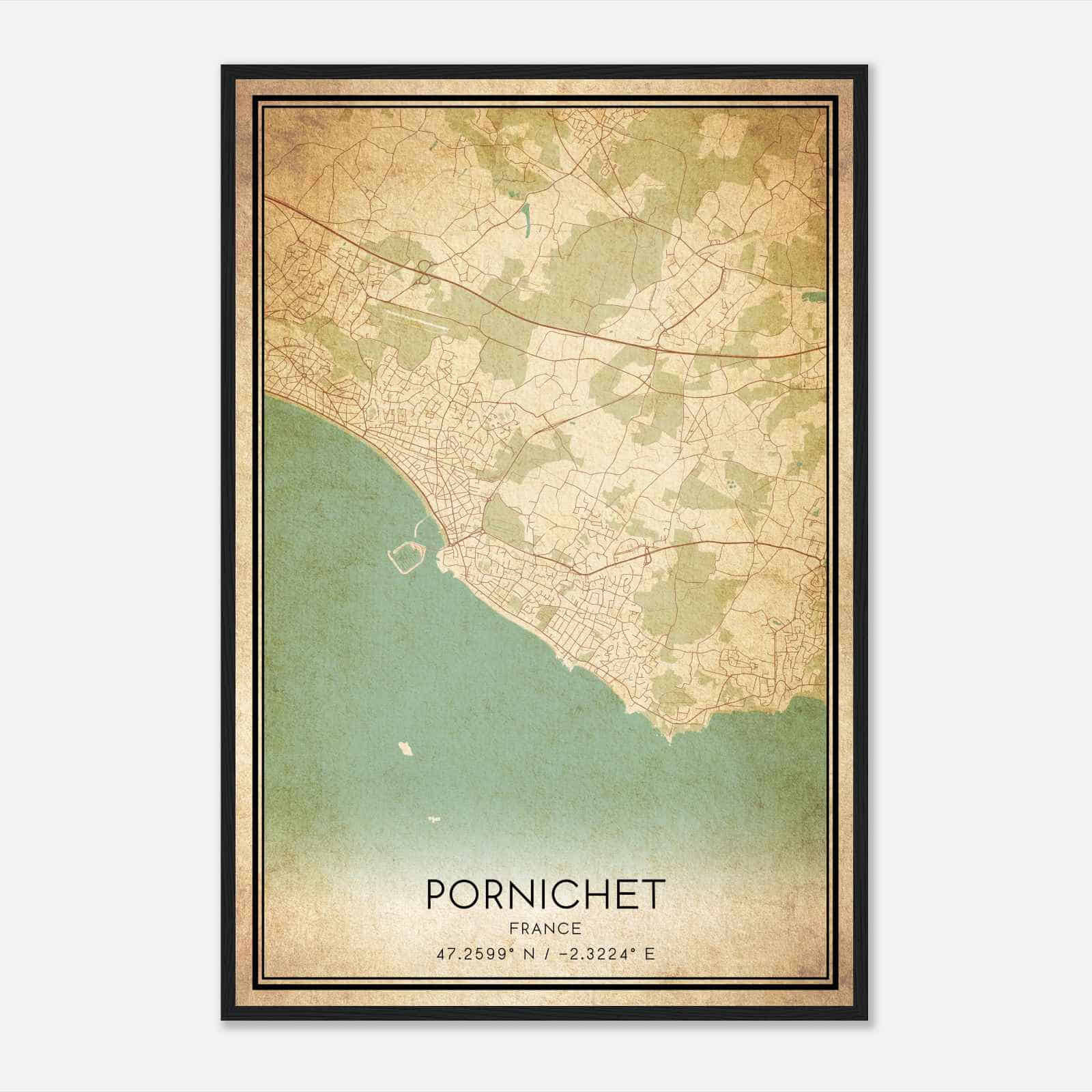 Vintage Pornichet France Map Poster, Pornichet City Road Wall Art Print