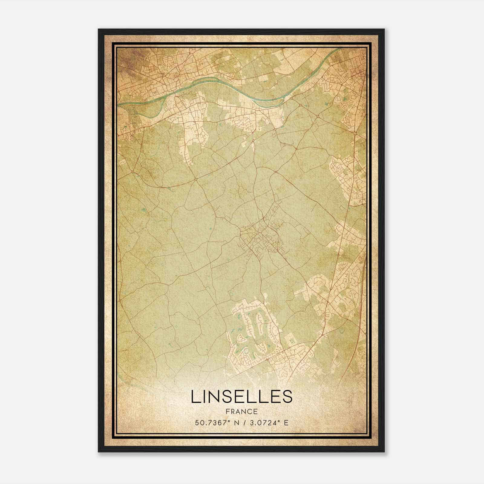Vintage Linselles France Map Poster, Linselles City Road Wall Art Print