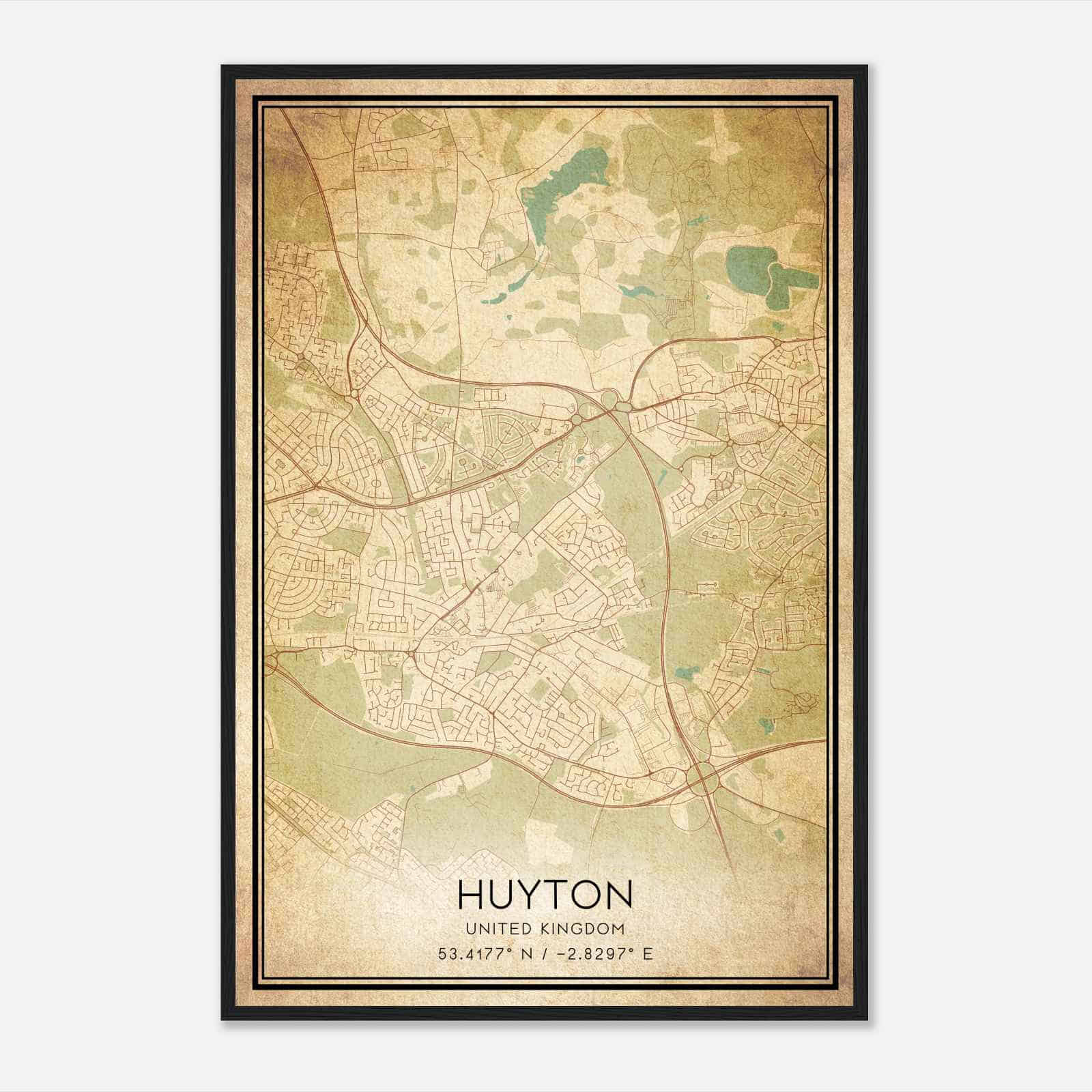 Vintage Huyton United Kingdom Map Poster, Huyton City Road Wall Art Print