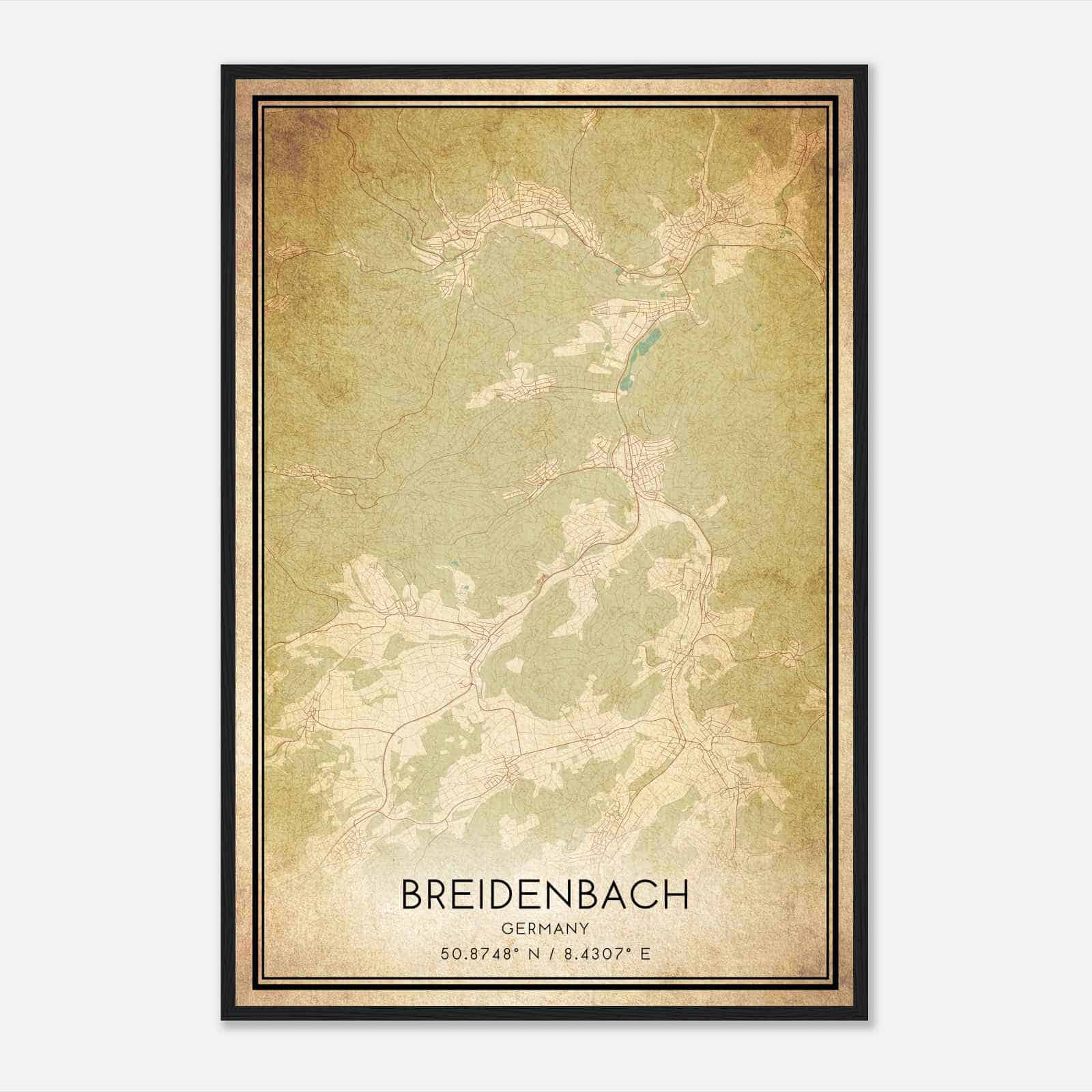 Vintage Breidenbach Germany Map Poster, Breidenbach City Road Wall Art Print