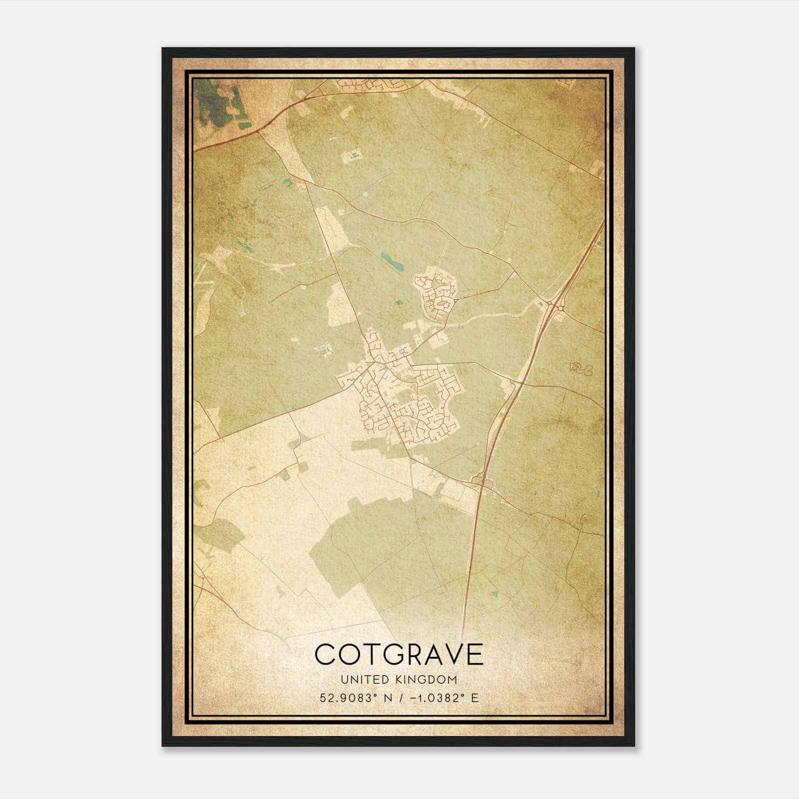 Vintage Cotgrave United Kingdom Map Poster, Cotgrave City Road Wall Art Print
