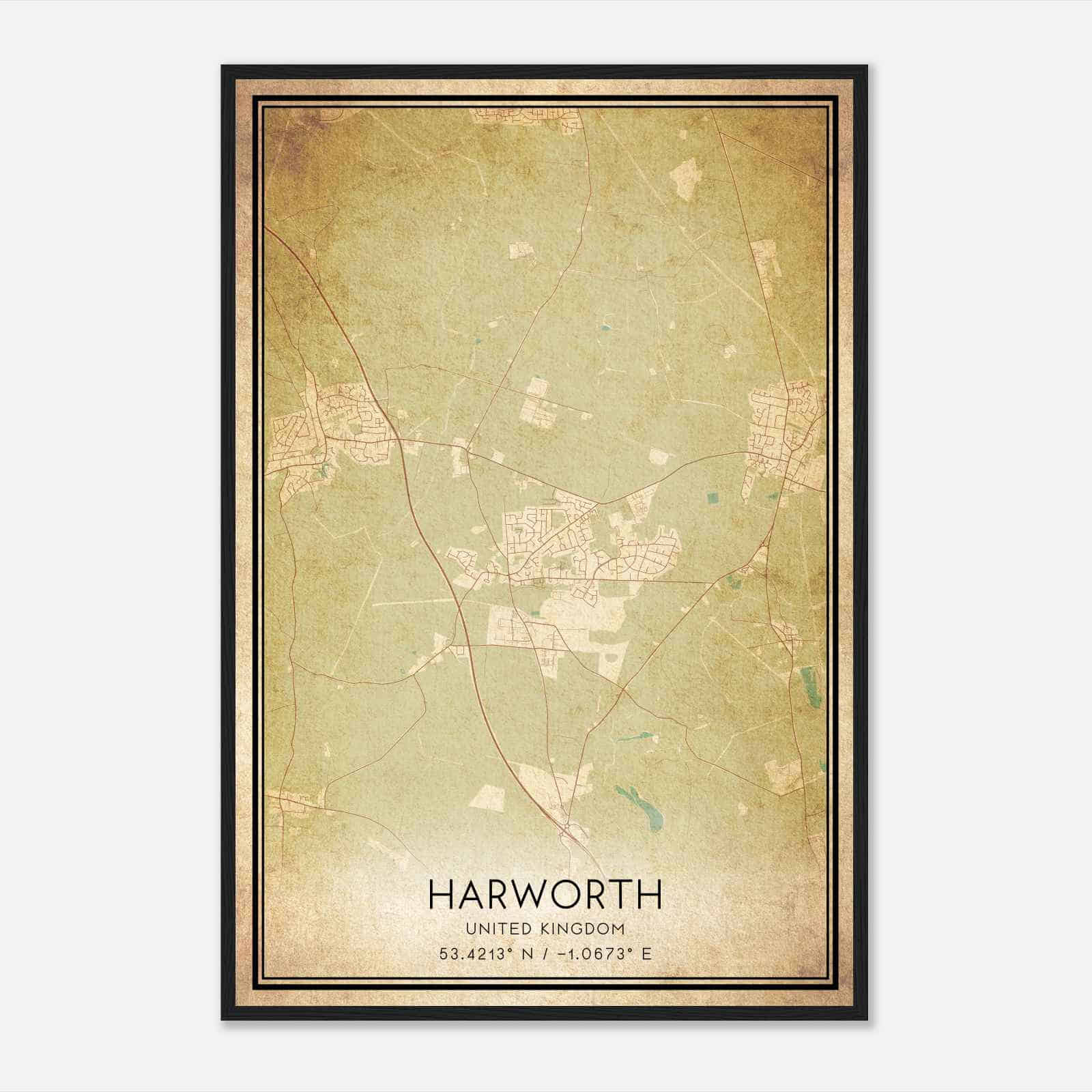 Vintage Harworth United Kingdom Map Poster, Harworth City Road Wall Art Print