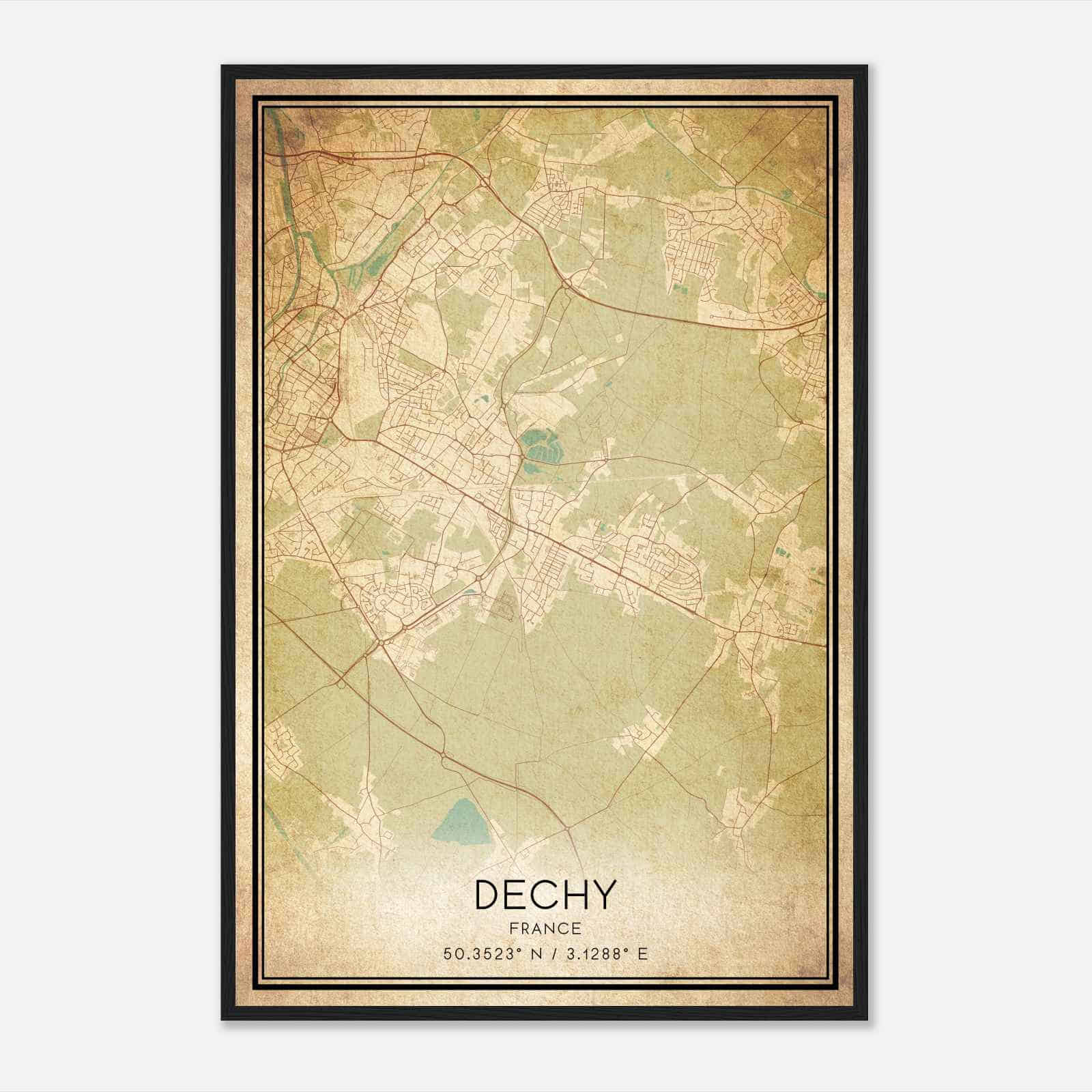 Vintage Dechy France Map Poster, Dechy City Road Wall Art Print
