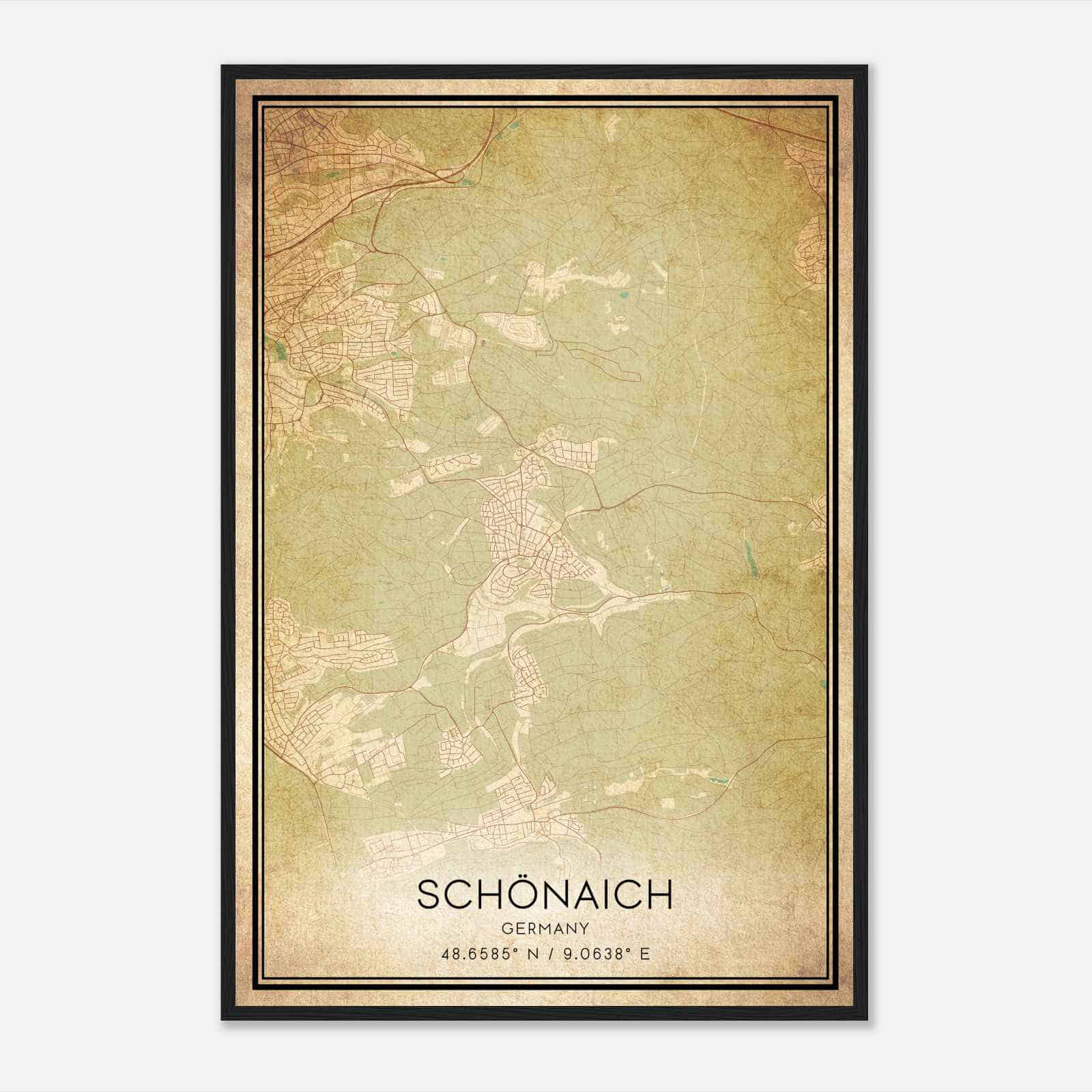 Vintage Schonaich Germany Map Poster, Schonaich City Road Wall Art Print