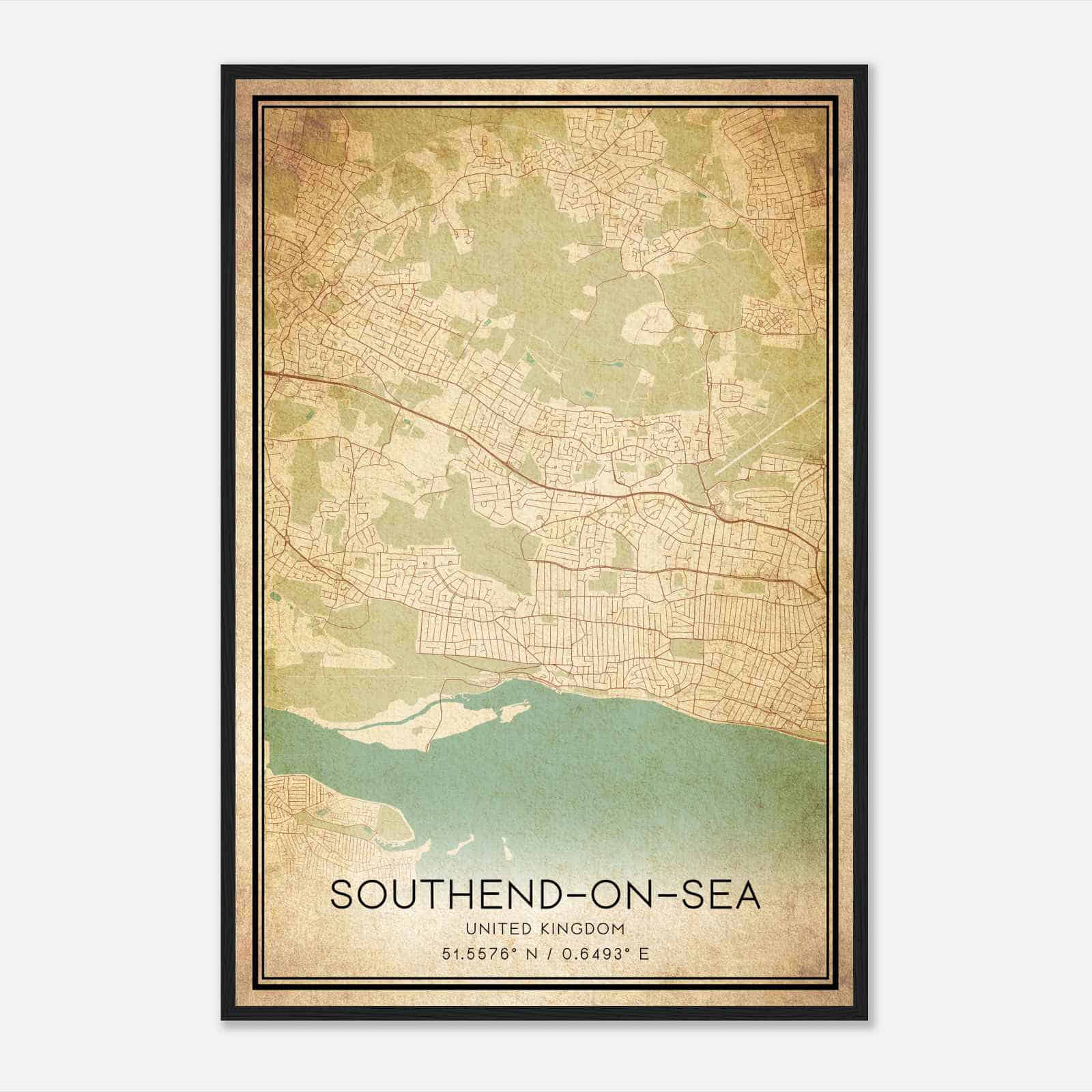 Vintage Leigh-on-Sea United Kingdom Map Poster, Leigh-on-Sea City Road Wall Art Print