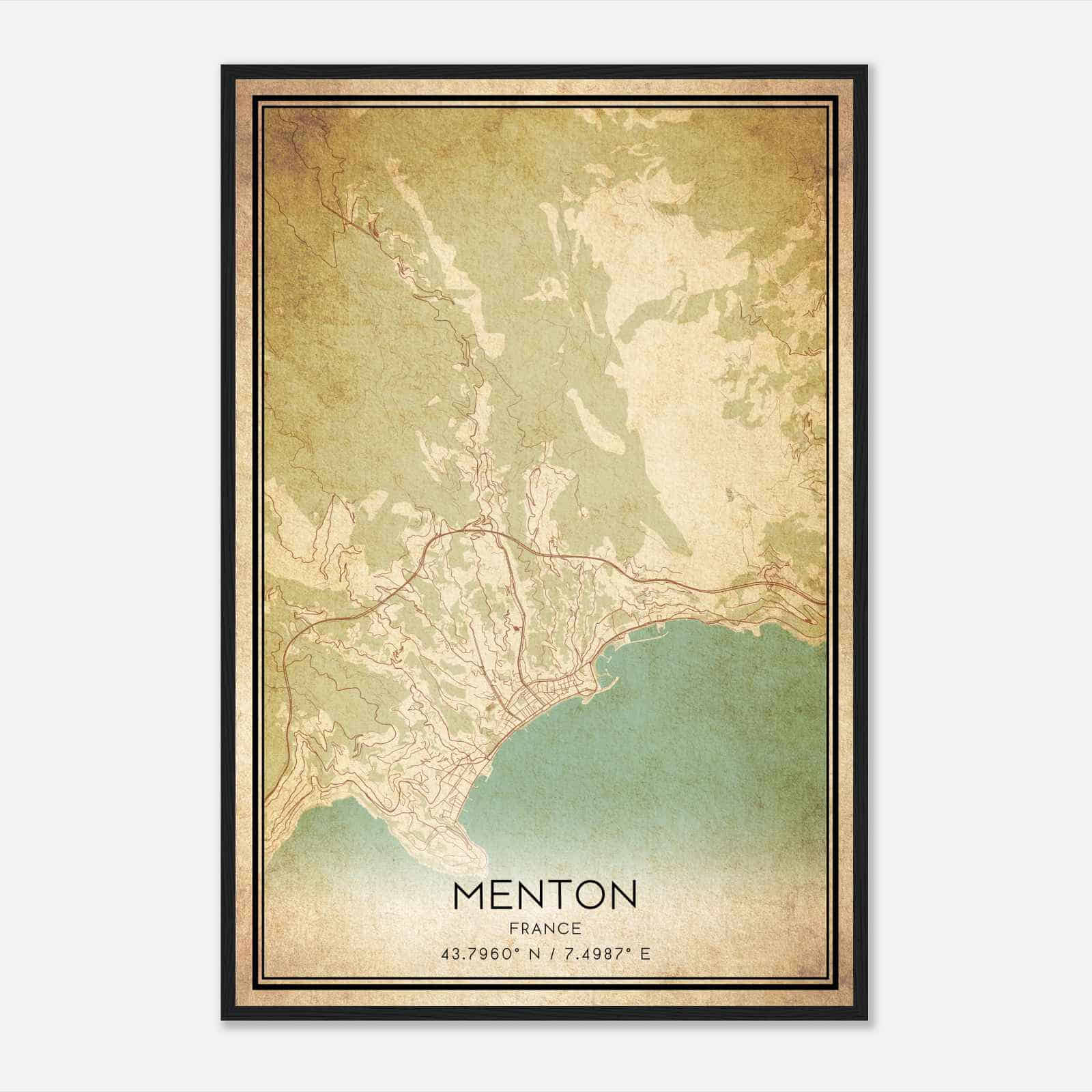 Vintage Menton France Map Poster, Menton City Road Wall Art Print