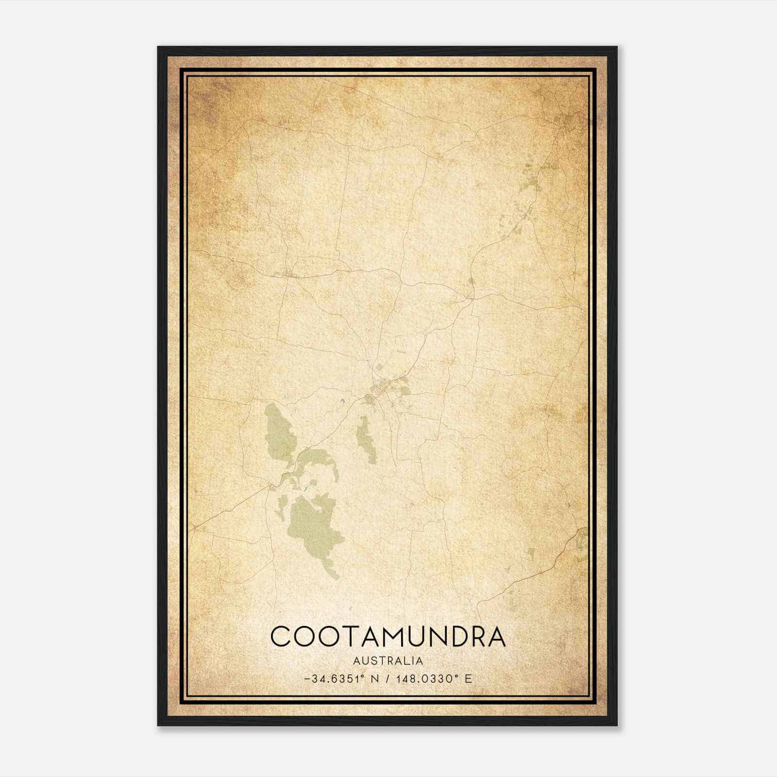Vintage Cootamundra Australia Map Poster, Cootamundra City Road Wall Art Print
