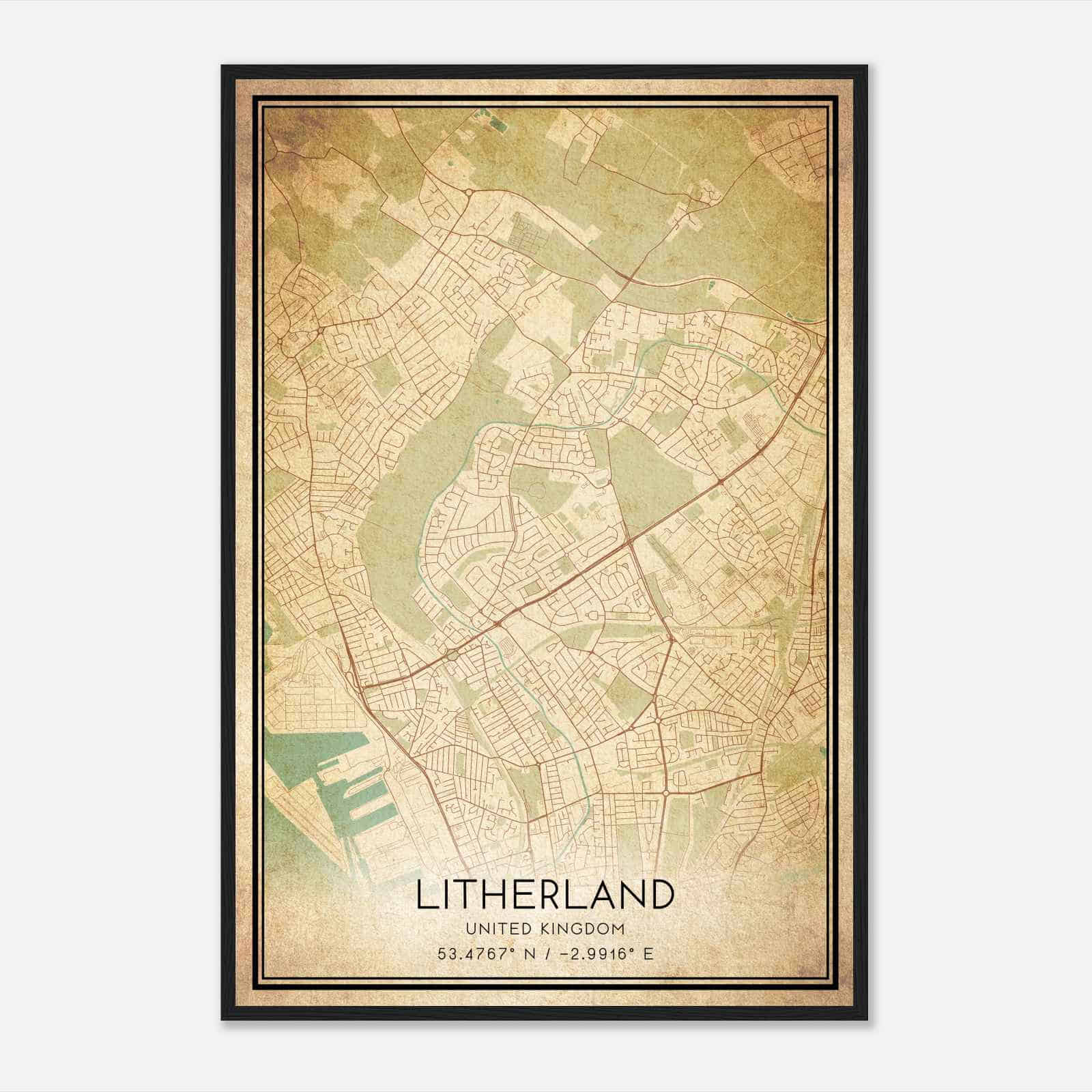 Vintage Litherland United Kingdom Map Poster, Litherland City Road Wall Art Print