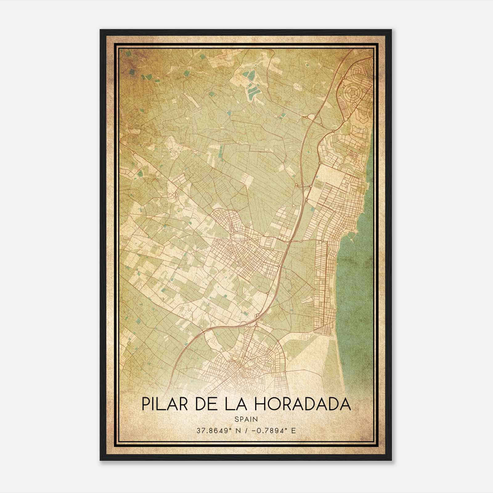 Vintage Pilar de la Horadada Spain Map Poster, Pilar de la Horadada City Road Wall Art Print