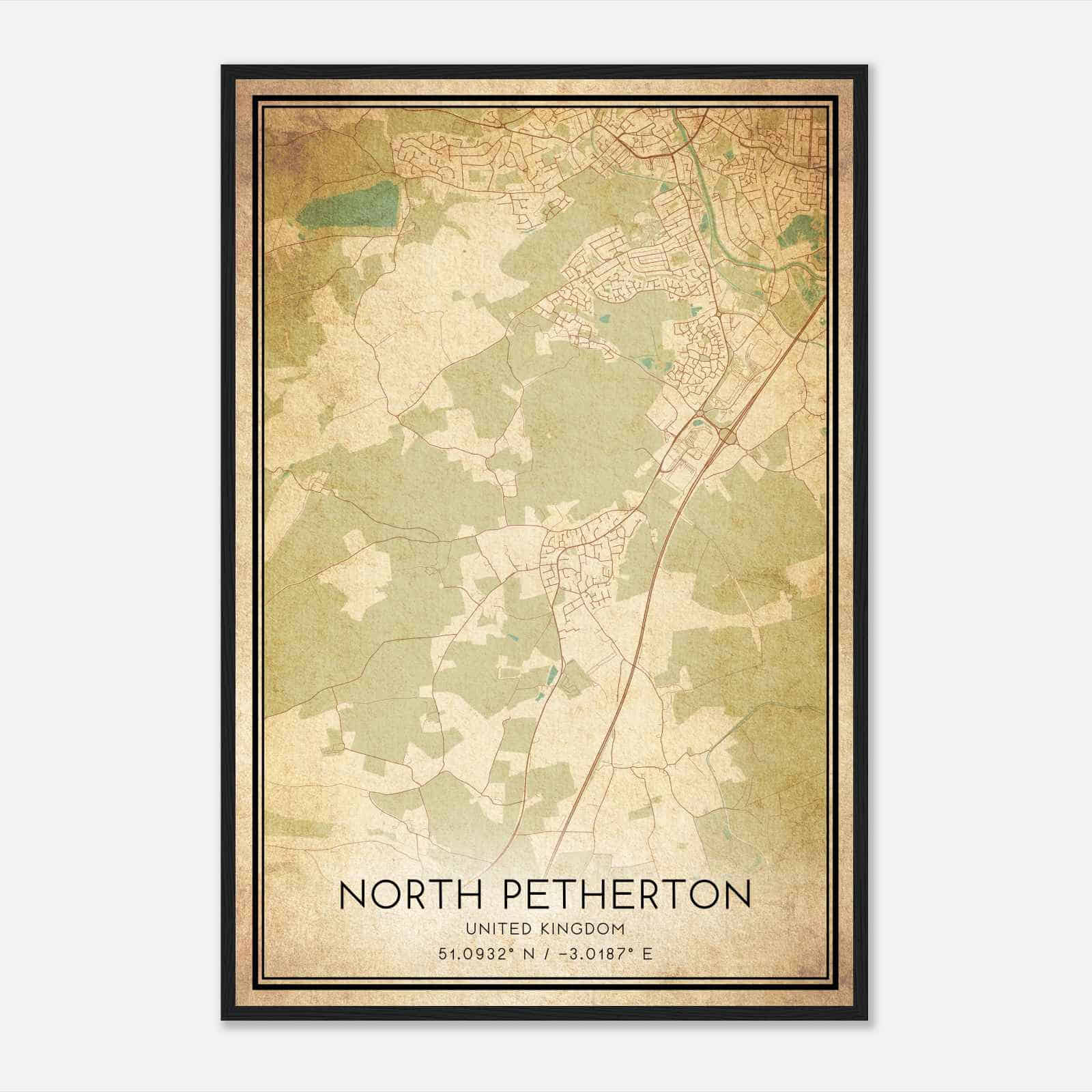 Vintage North Petherton United Kingdom Map Poster, North Petherton City Road Wall Art Print