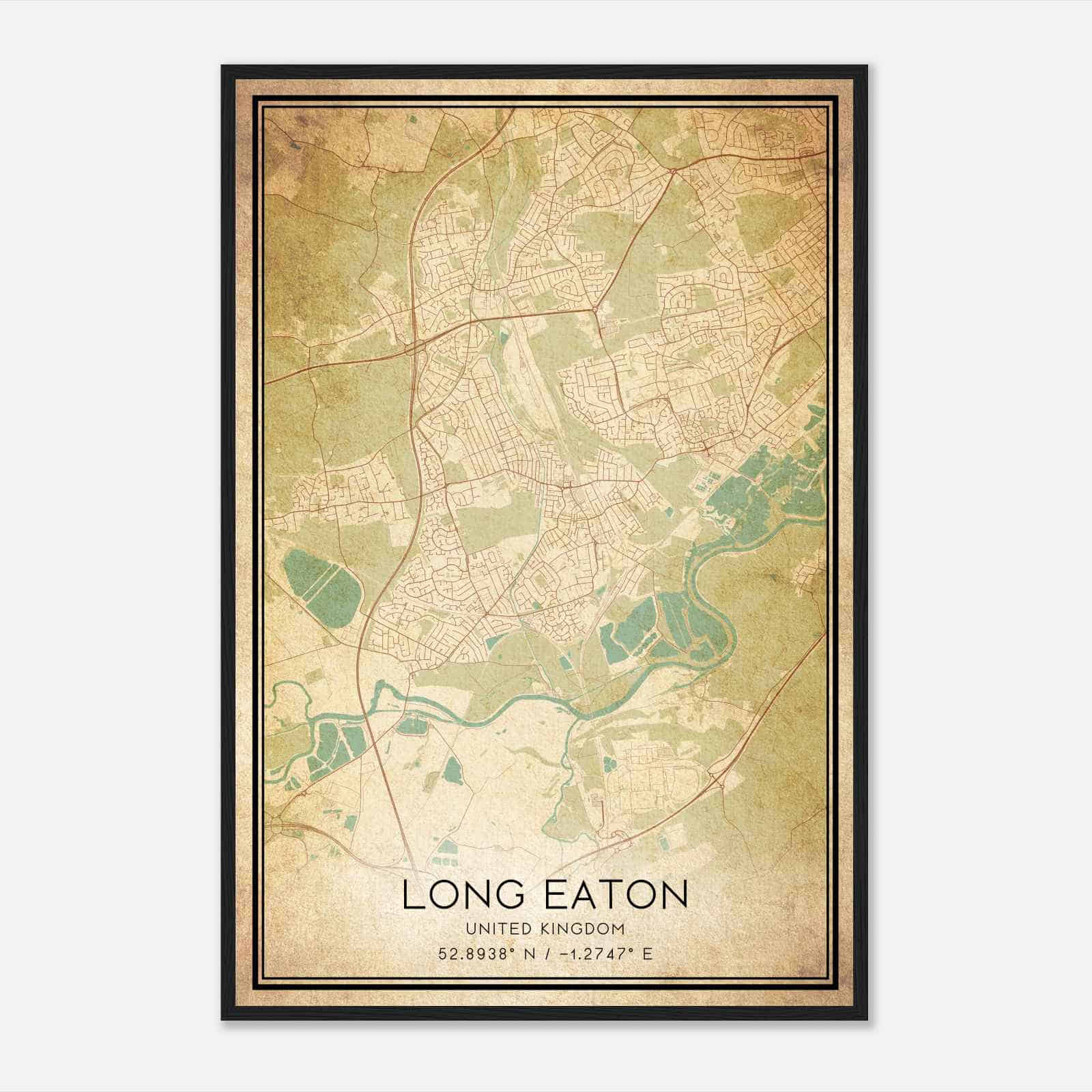 Vintage Long Eaton United Kingdom Map Poster, Long Eaton City Road Wall Art Print
