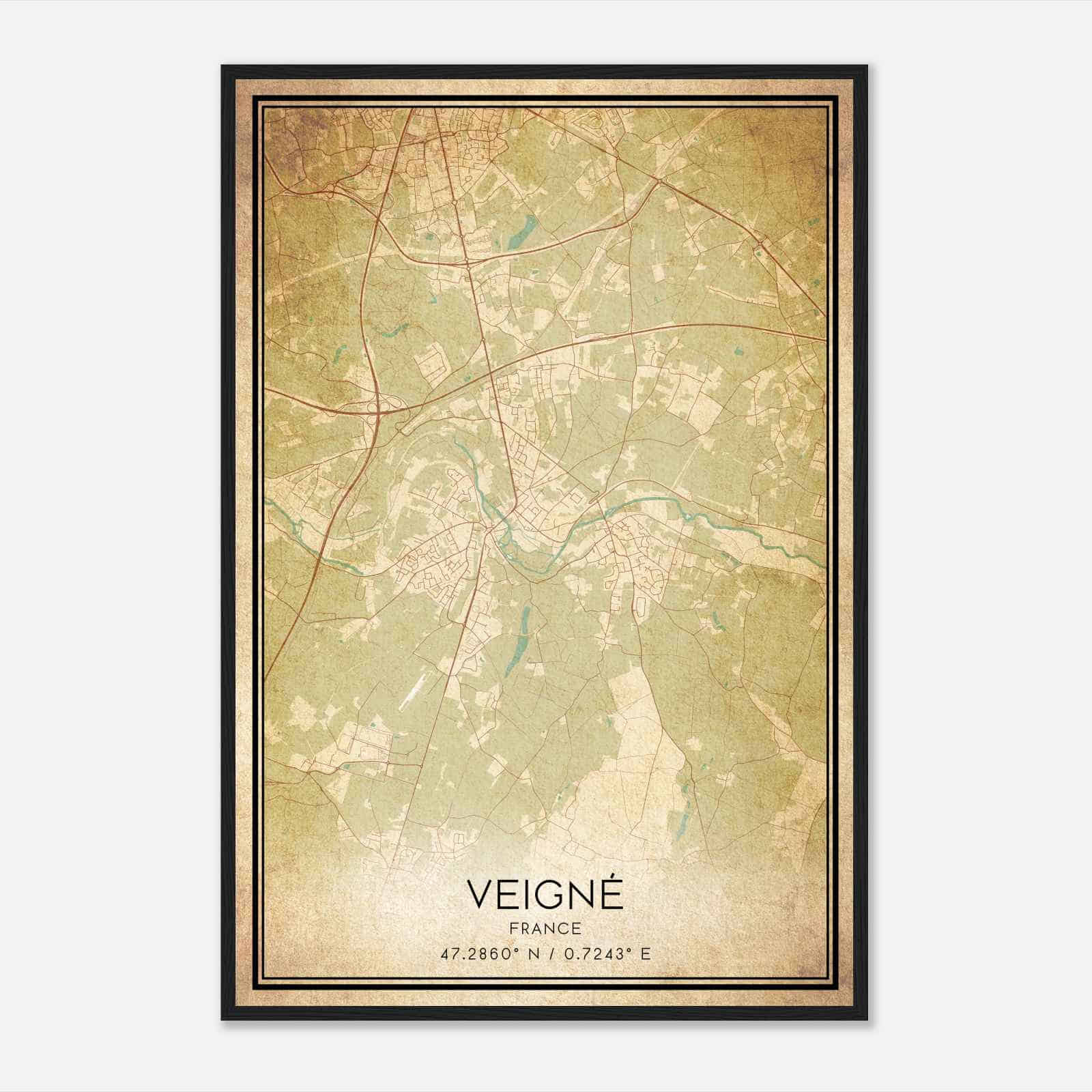 Vintage Veigne France Map Poster, Veigne City Road Wall Art Print