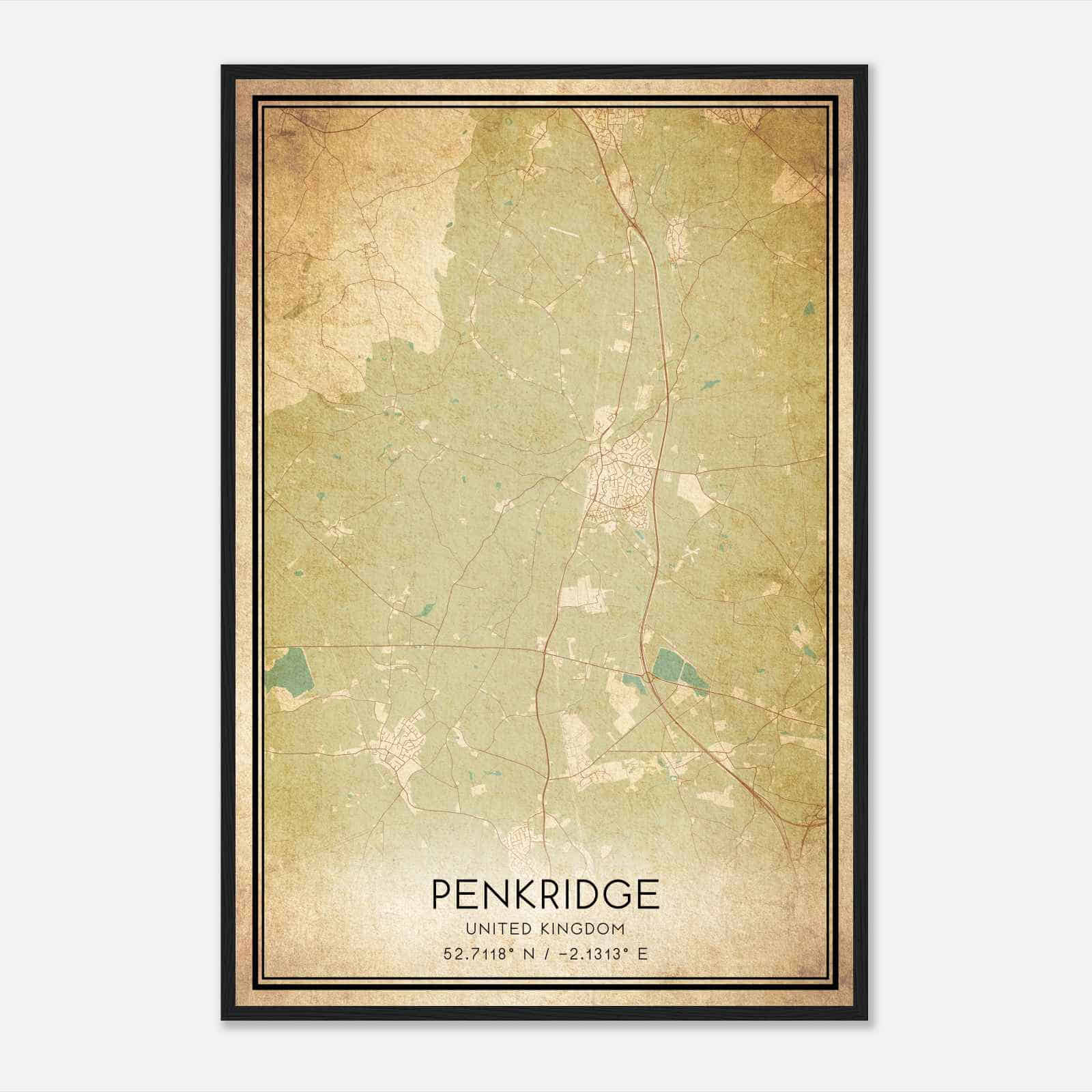Vintage Penkridge United Kingdom Map Poster, Penkridge City Road Wall Art Print