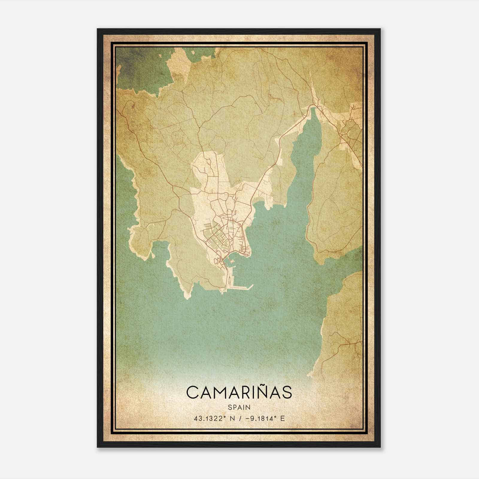 Vintage Camarinas Spain Map Poster, Camarinas City Road Wall Art Print