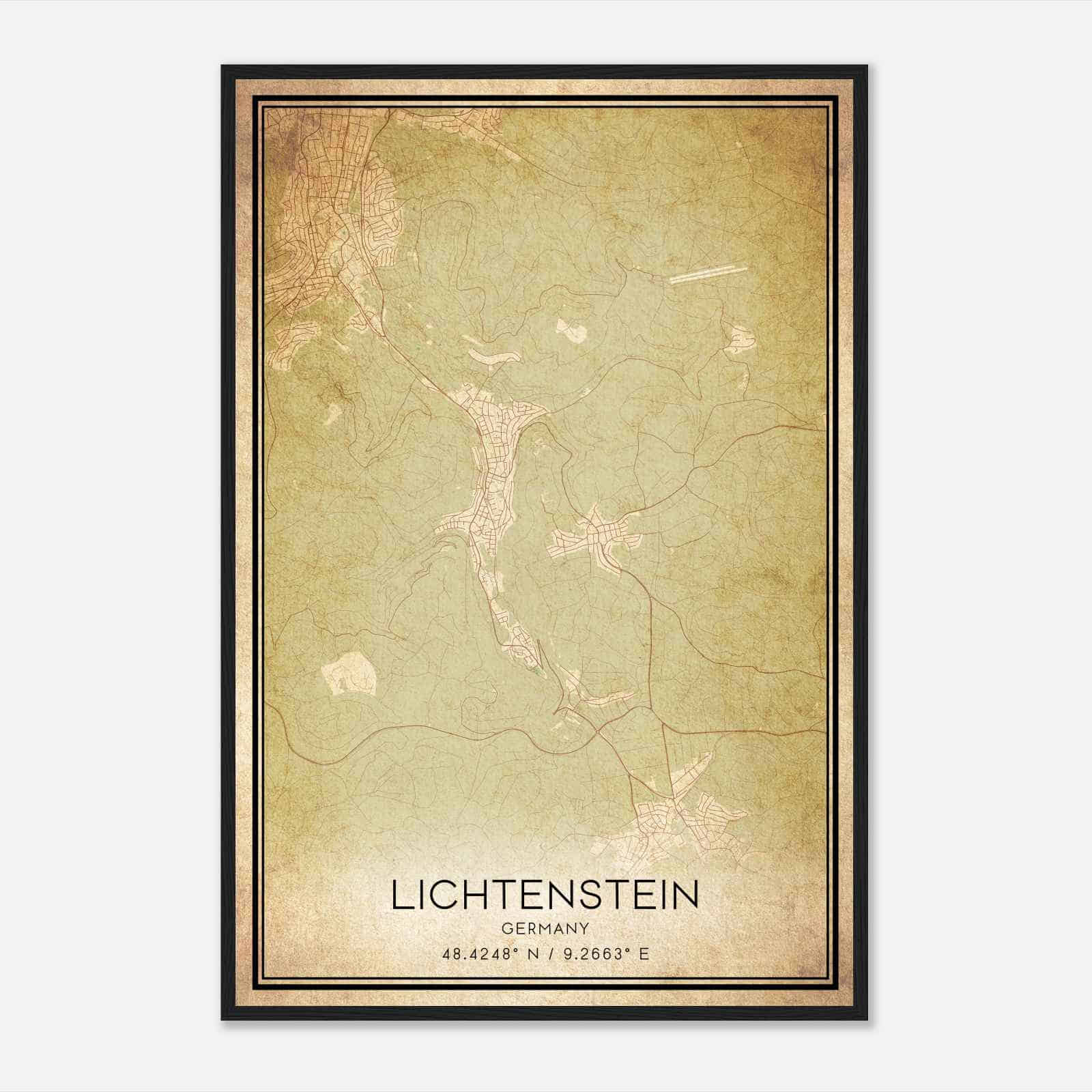 Vintage Lichtenstein Germany Map Poster, Lichtenstein City Road Wall Art Print