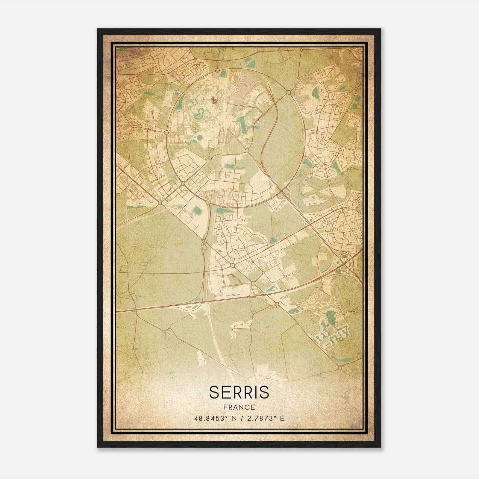 Vintage Serris France Map Poster, Serris City Road Wall Art Print