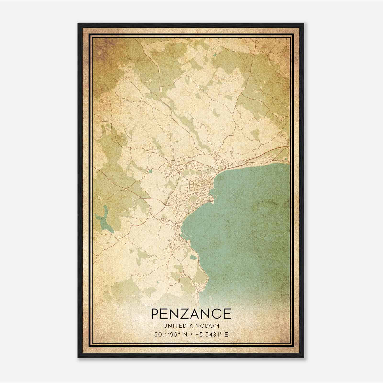 Vintage Penzance United Kingdom Map Poster, Penzance City Road Wall Art Print