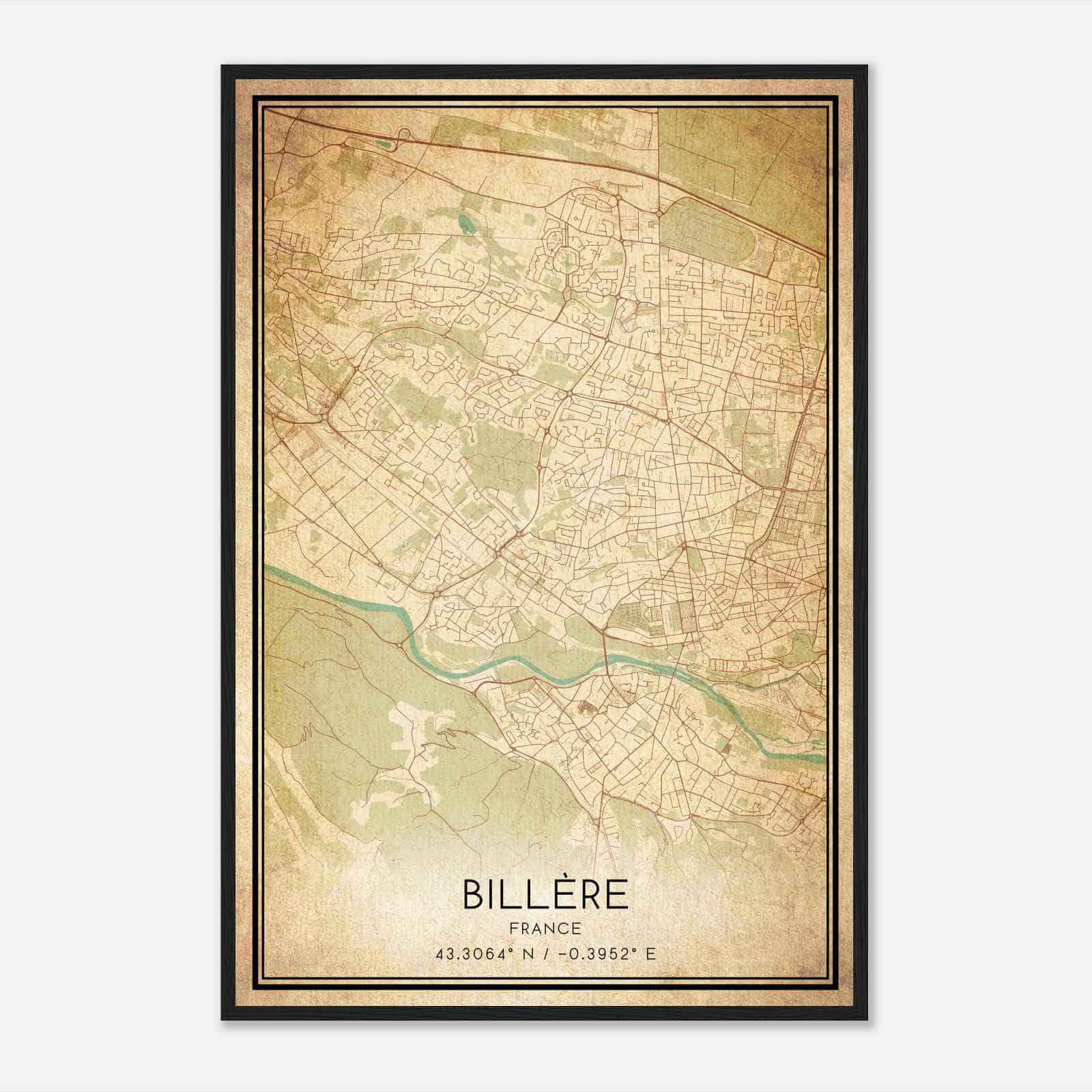 Vintage Billere France Map Poster, Billere City Road Wall Art Print