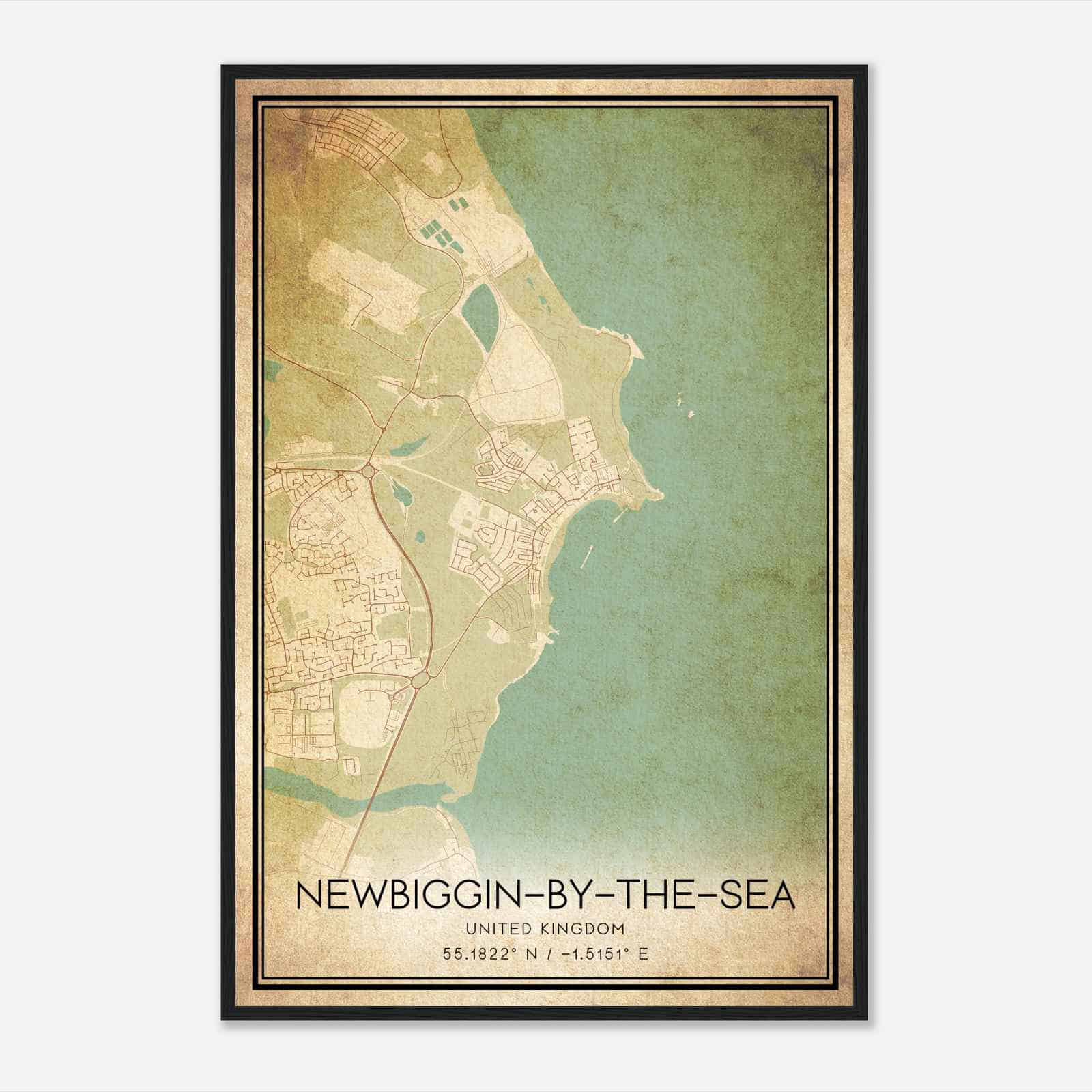 Vintage Newbiggin-by-the-Sea United Kingdom Map Poster, Newbiggin-by-the-Sea City Road Wall Art Print