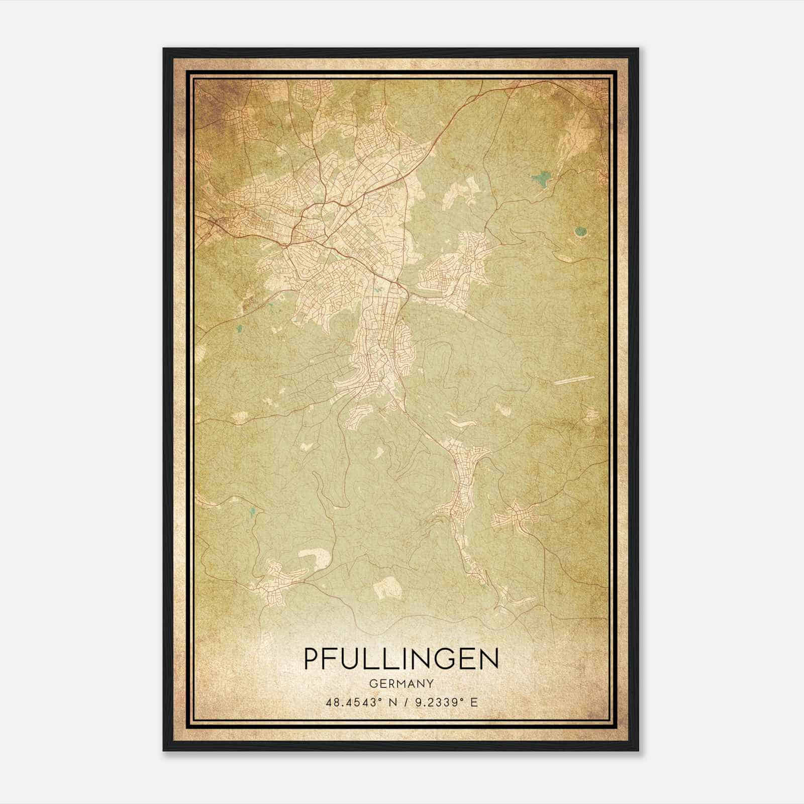 Vintage Pfullingen Germany Map Poster, Pfullingen City Road Wall Art Print