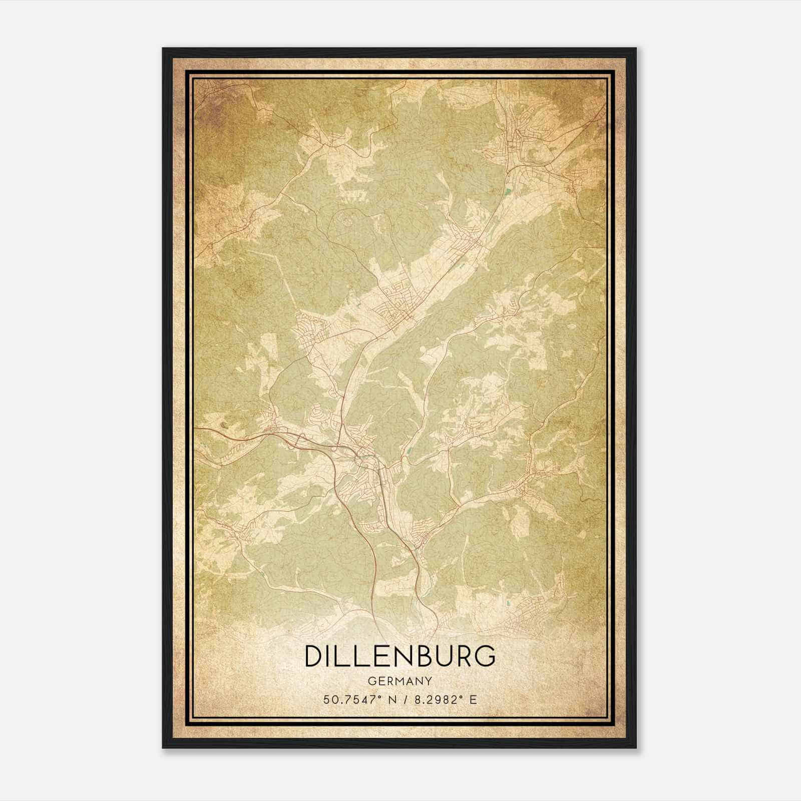 Vintage Dillenburg Germany Map Poster, Dillenburg City Road Wall Art Print