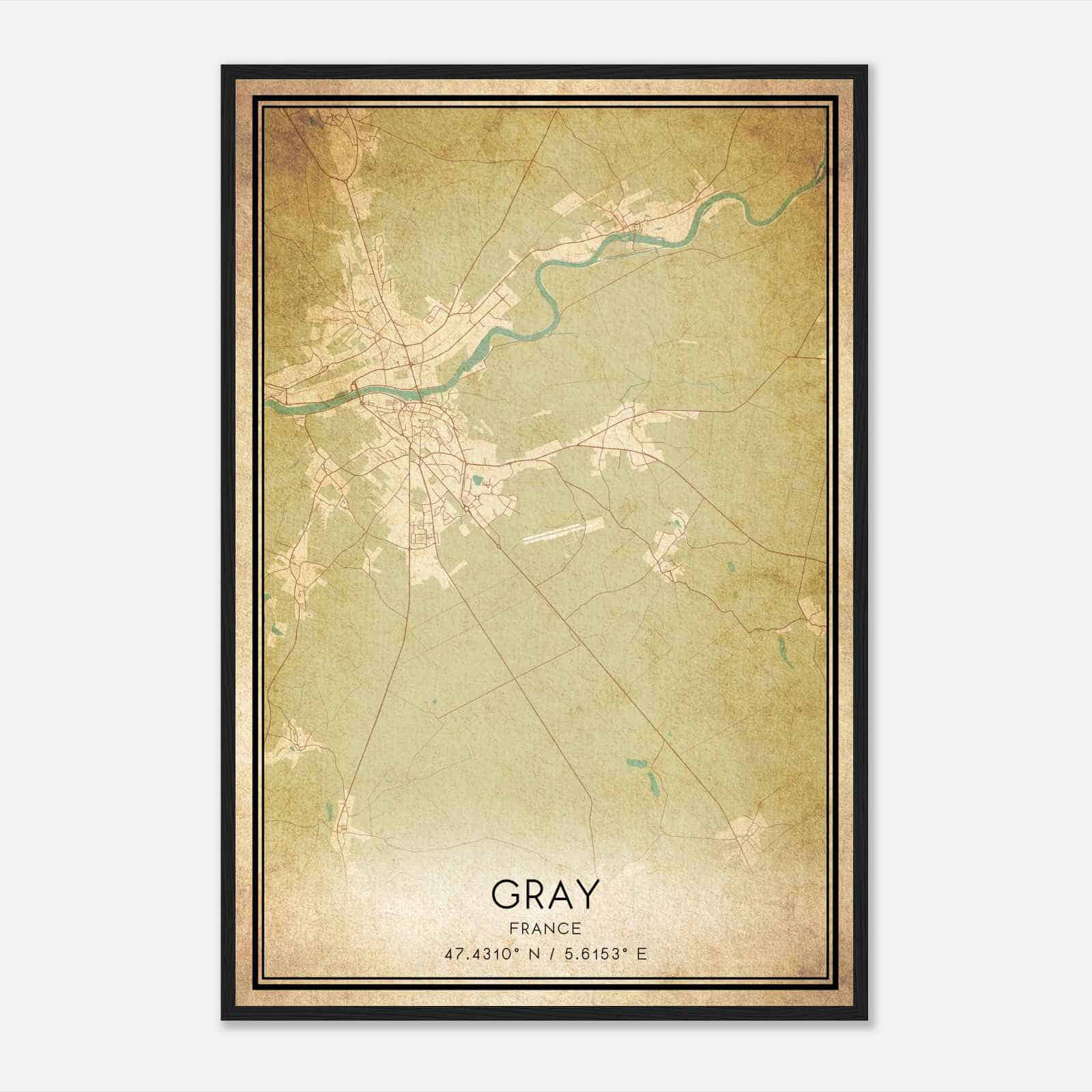Vintage Gray France Map Poster, Gray City Road Wall Art Print