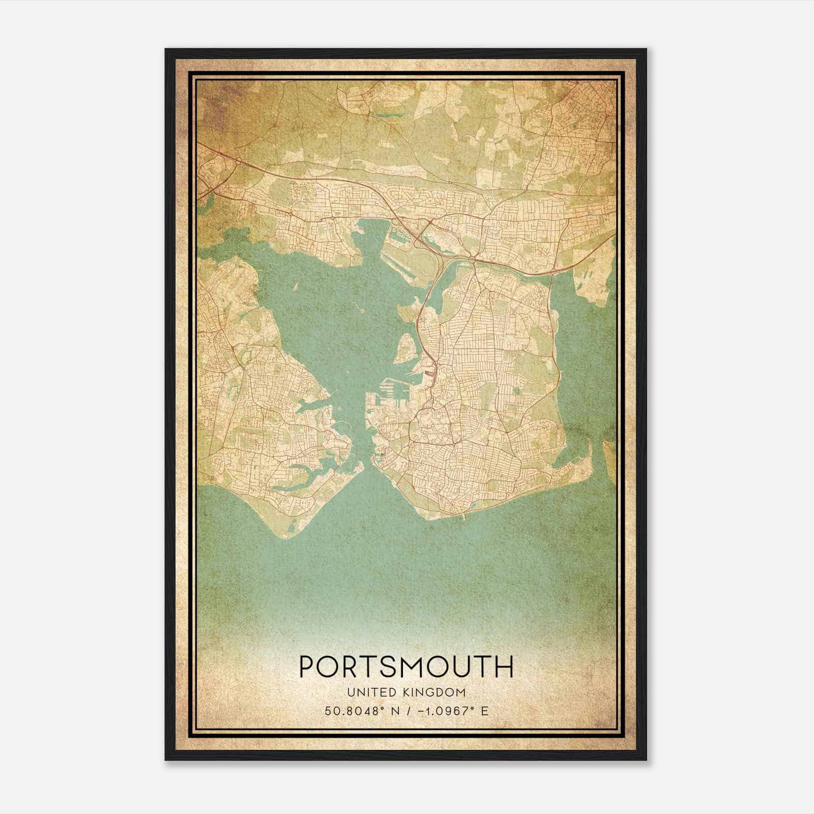 Vintage Portsmouth United Kingdom Map Poster, Portsmouth City Road Wall Art Print