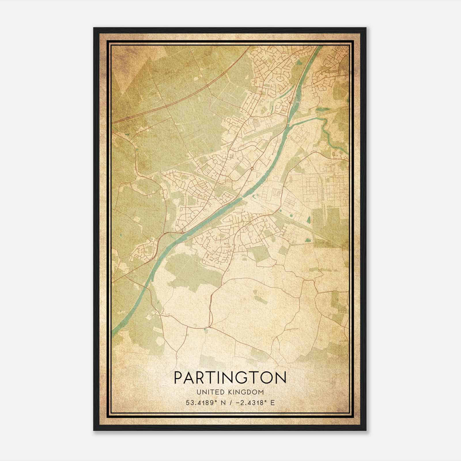 Vintage Partington United Kingdom Map Poster, Partington City Road Wall Art Print
