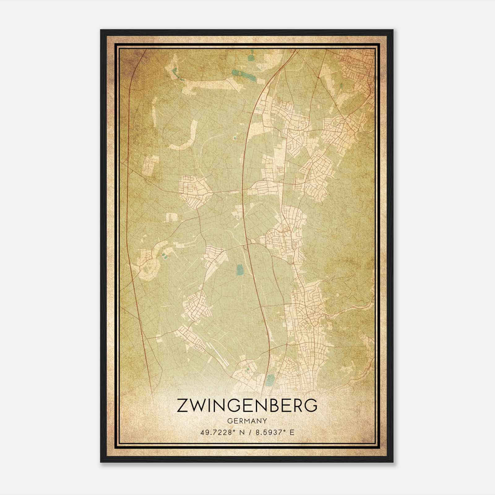 Vintage Zwingenberg Germany Map Poster, Zwingenberg City Road Wall Art Print