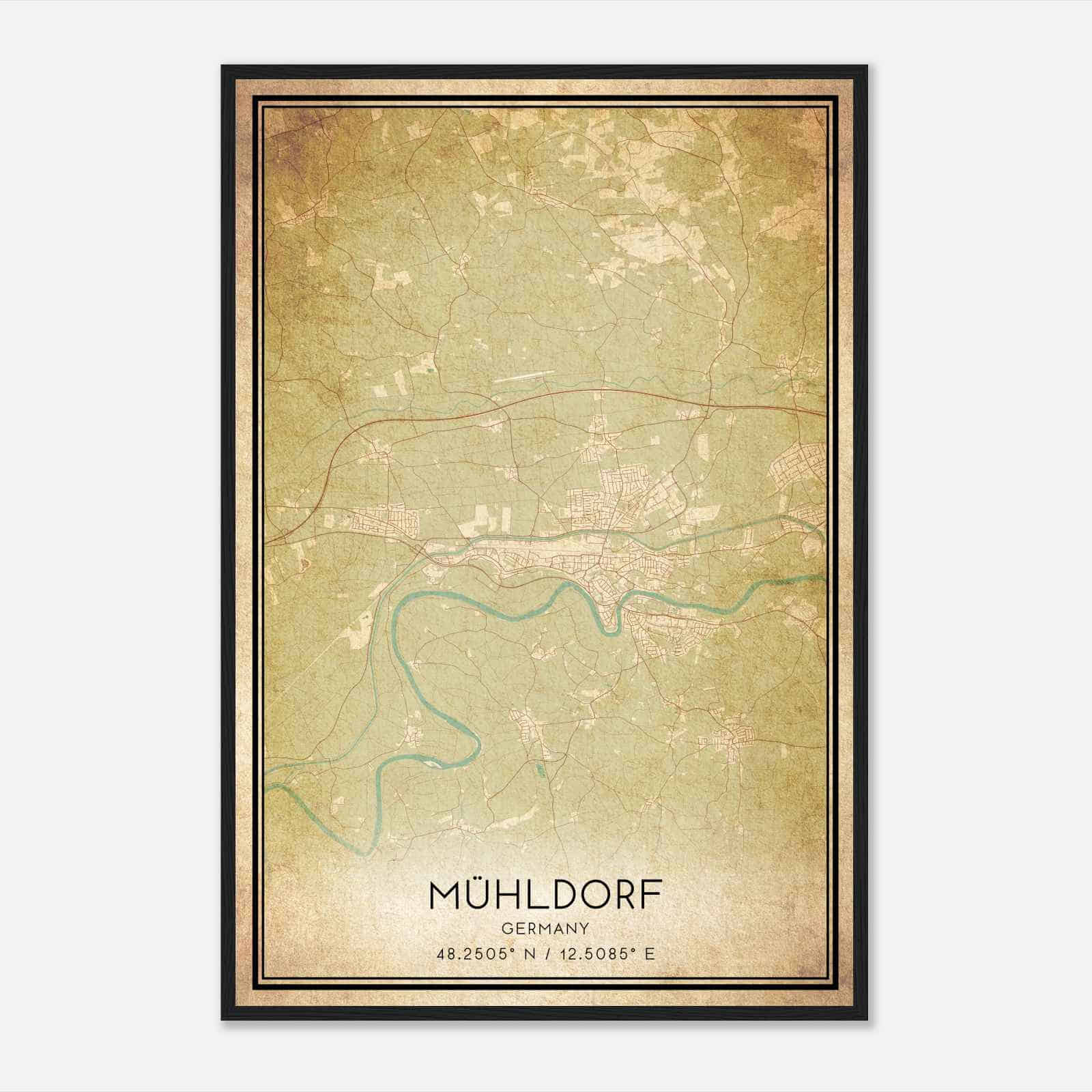 Vintage Muhldorf Germany Map Poster, Muhldorf City Road Wall Art Print