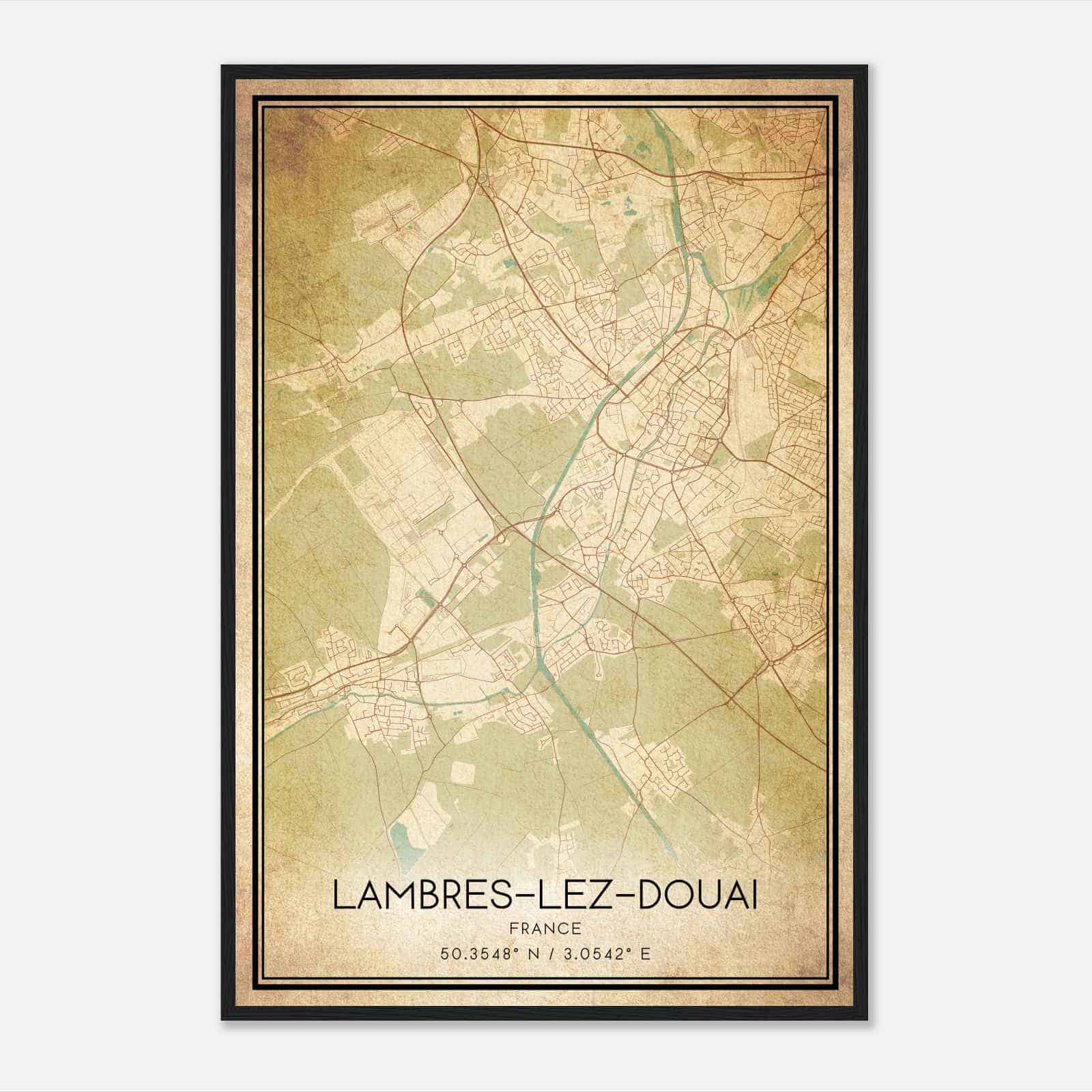 Vintage Lambres-les-Douai France Map Poster, Lambres-les-Douai City Road Wall Art Print