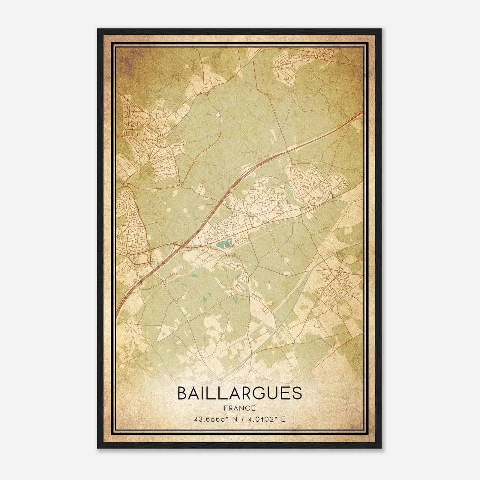 Vintage Baillargues France Map Poster, Baillargues City Road Wall Art Print